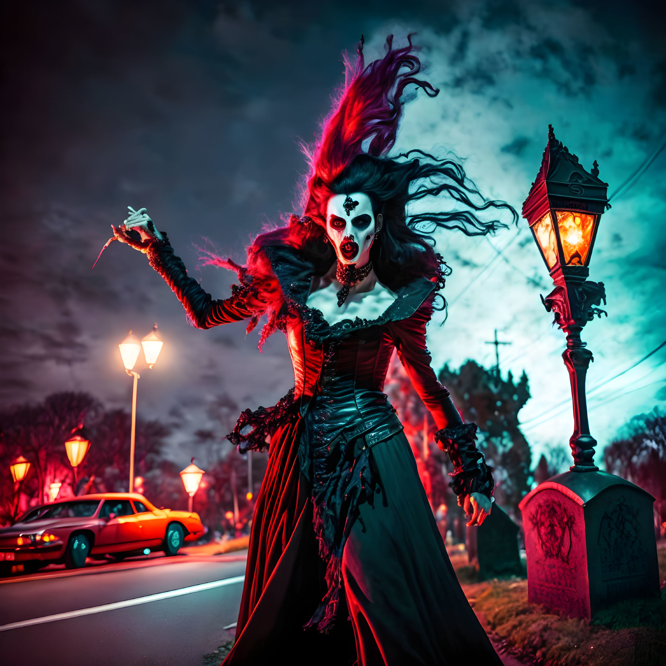 Elaborate Gothic attire and dramatic clown-like makeup at night by graveyard