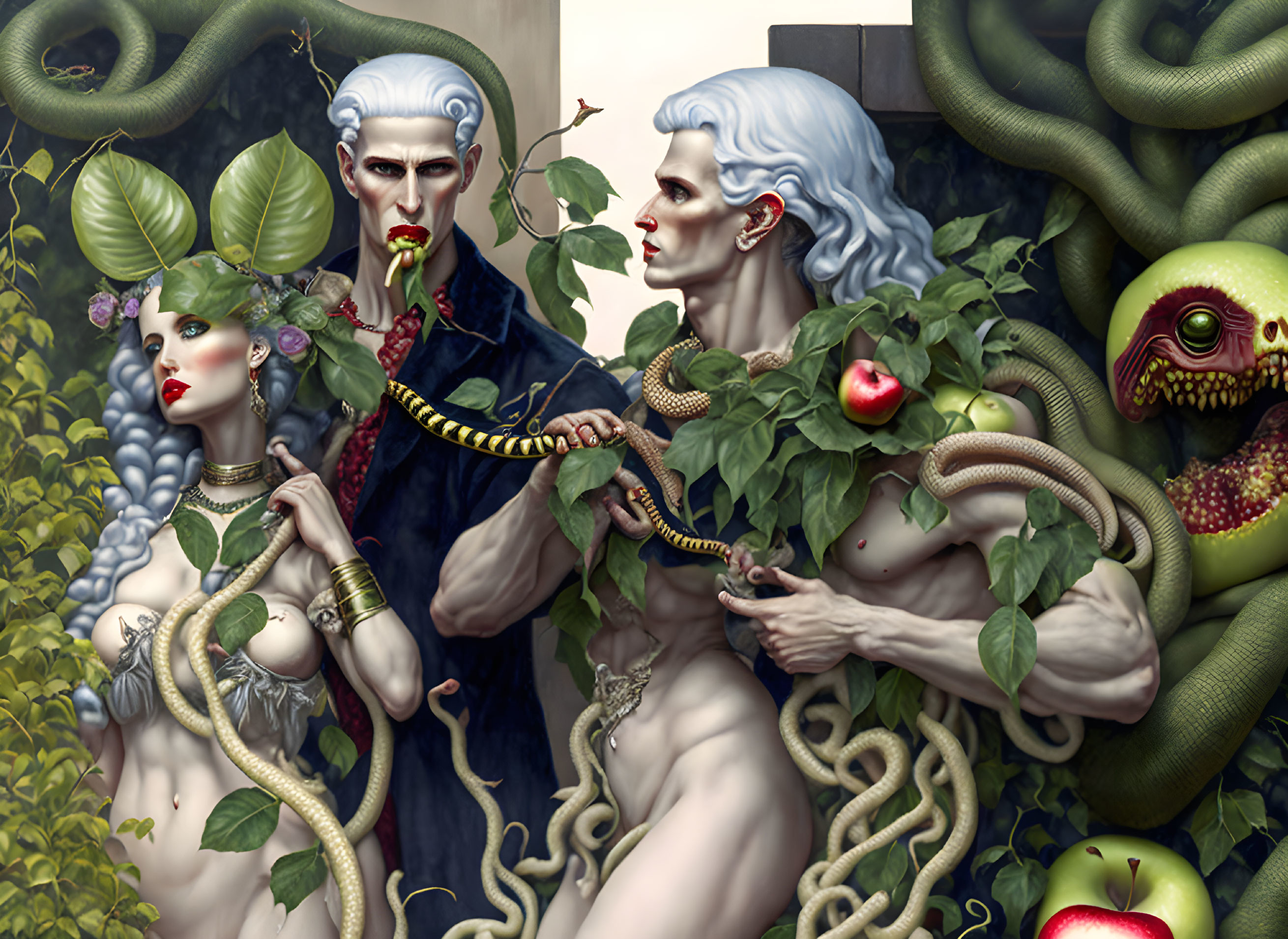 Pale figures with white hair entwined with serpents among foliage and apples