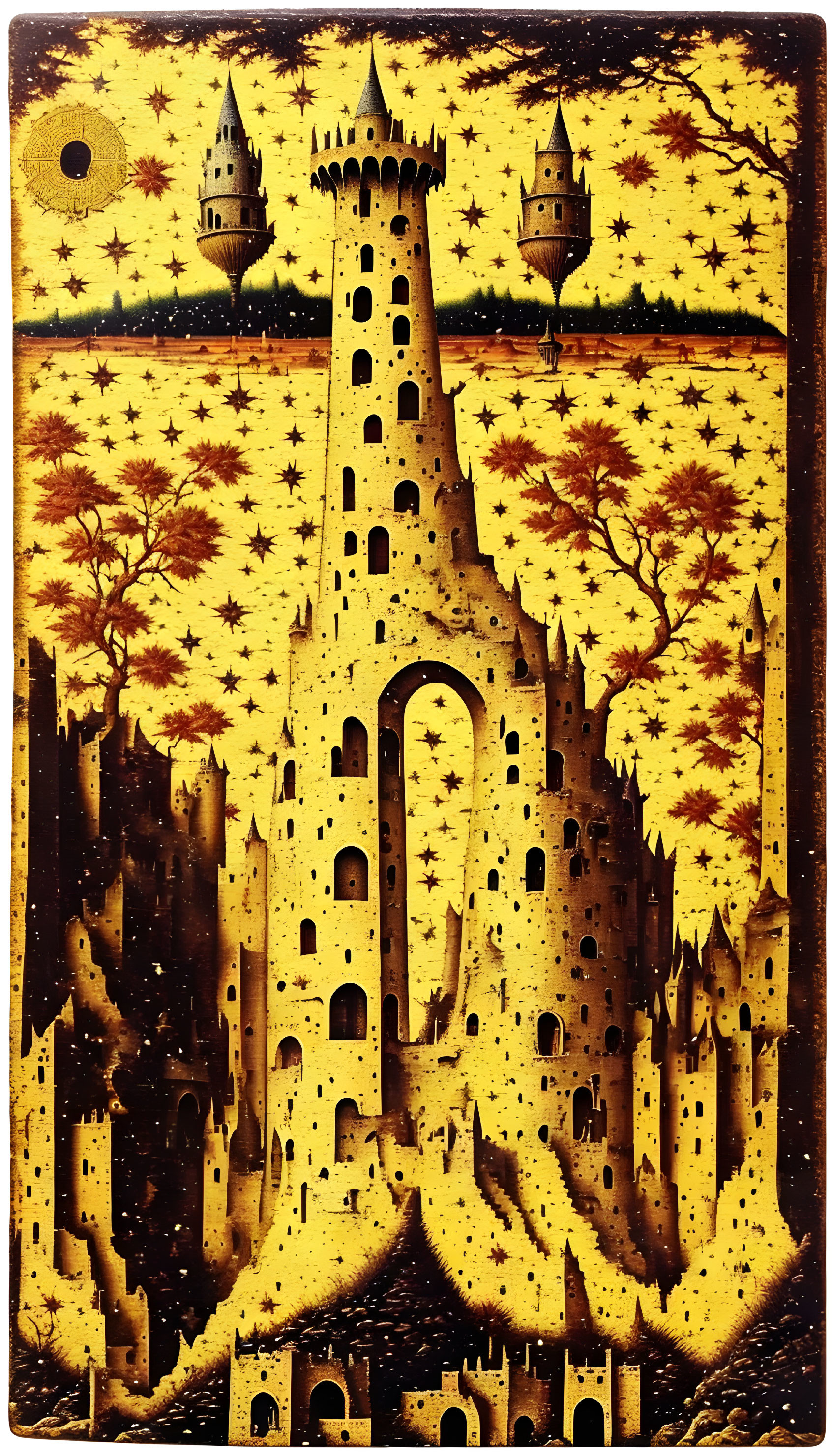 Fantastical starry artwork: Towering castle, spires, trees, night sky, warm