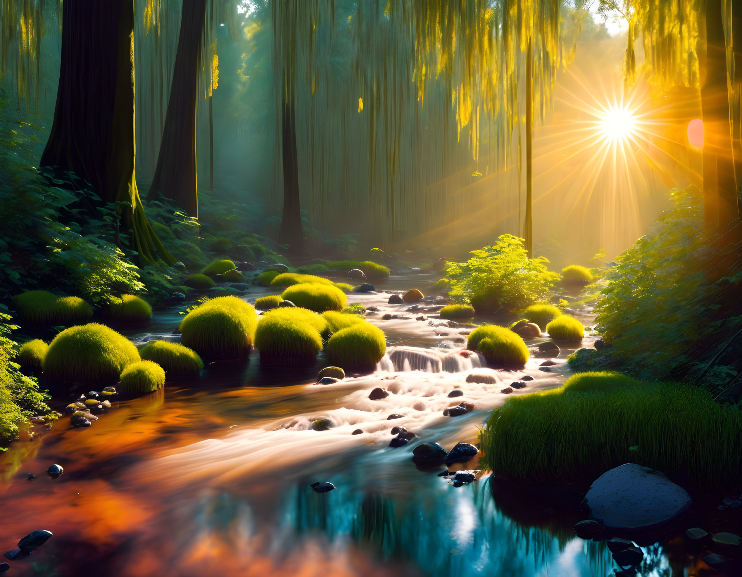 Tranquil forest scene: sunlight, stream, moss-covered rocks, vibrant foliage