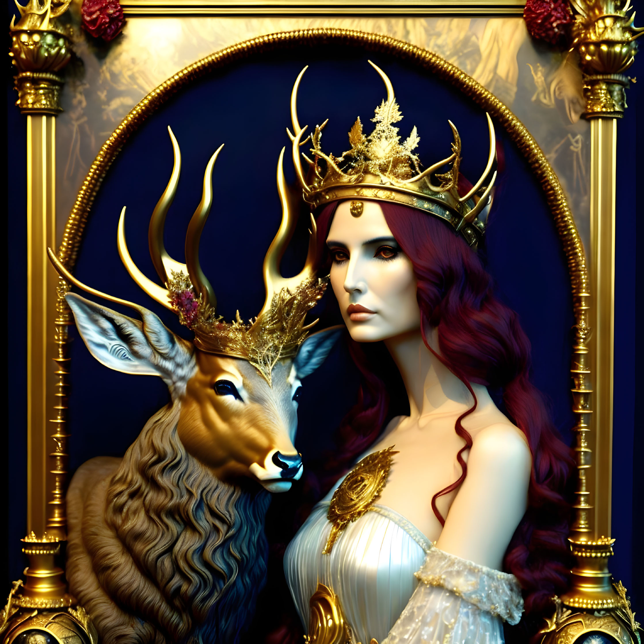 Woman with Red Hair and Deer in Matching Crowns on Luxurious Blue and Gold Frame