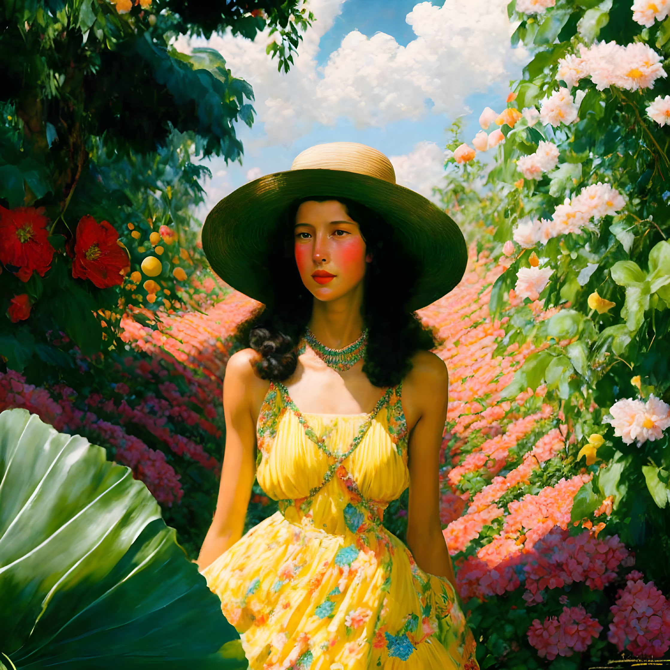 Woman in Yellow Sundress and Straw Hat Surrounded by Lush Greenery and Flowers