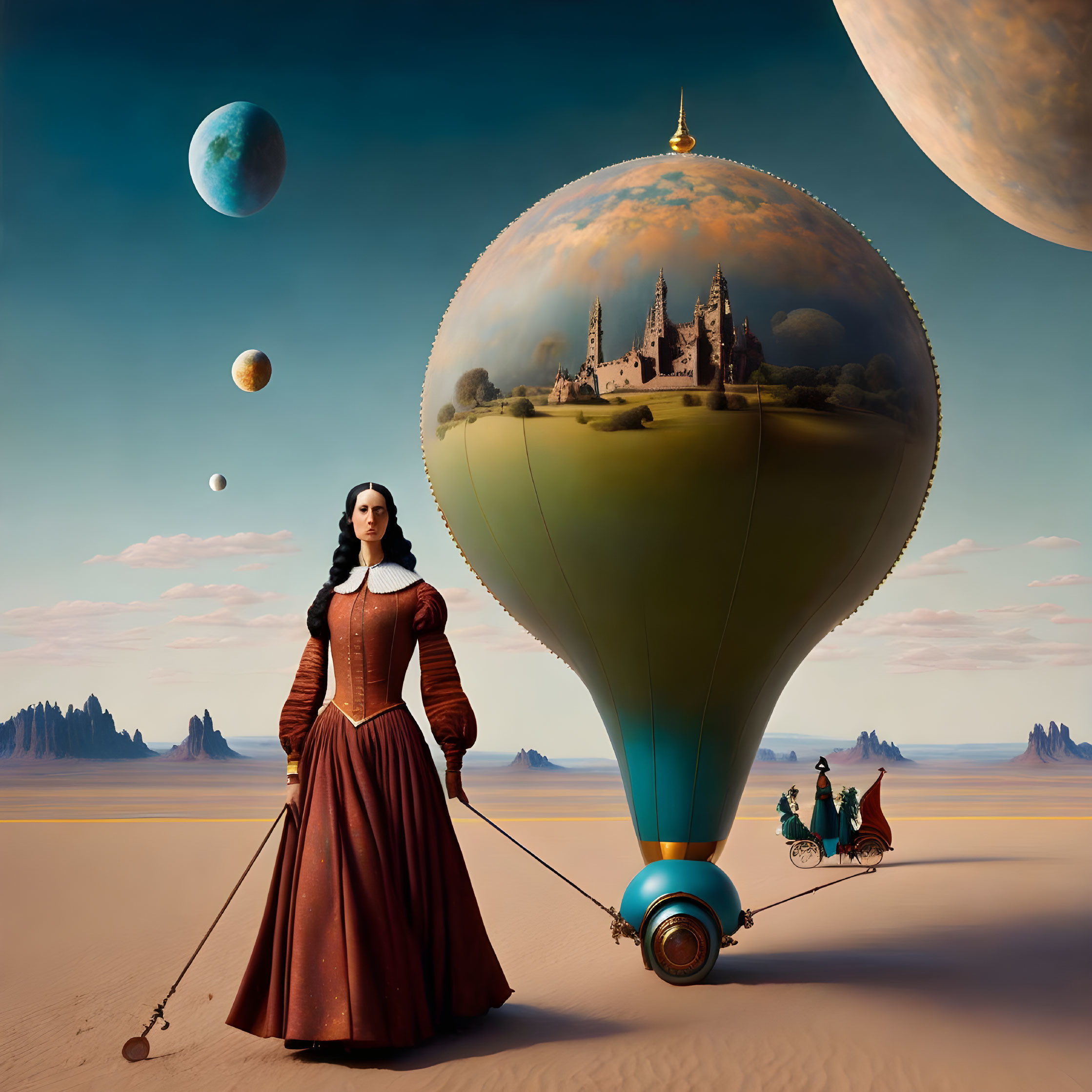 Period-dressed woman tied to surreal hot air balloon with castle, desert landscape, and oversized planets.