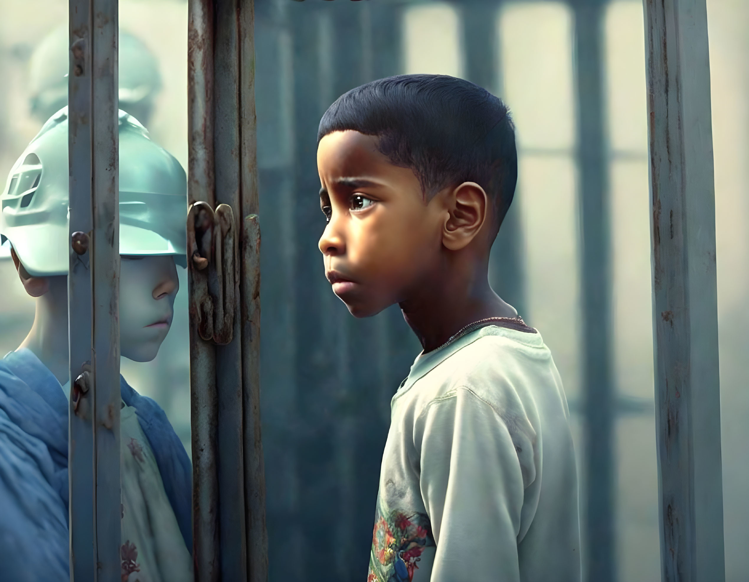 Young boy gazes through metal gate at mannequin head with cap