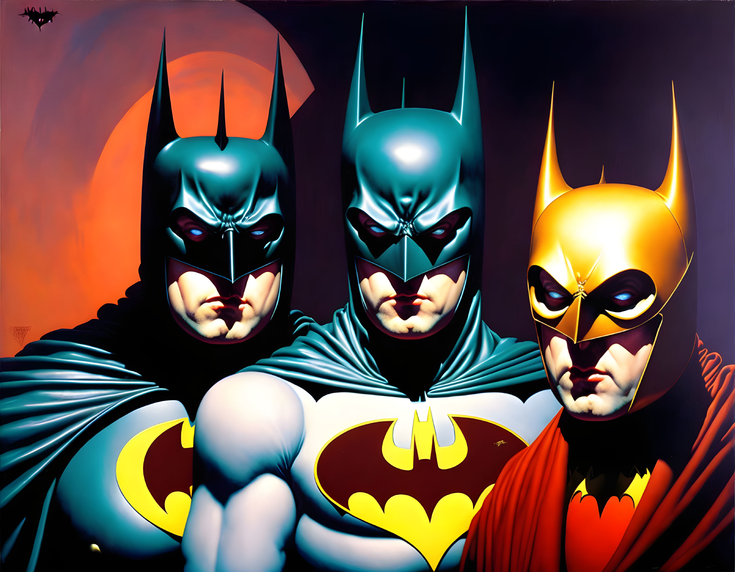 Three stylized Batman versions with different masks & costumes on orange backdrop with bat-shaped silhouette.