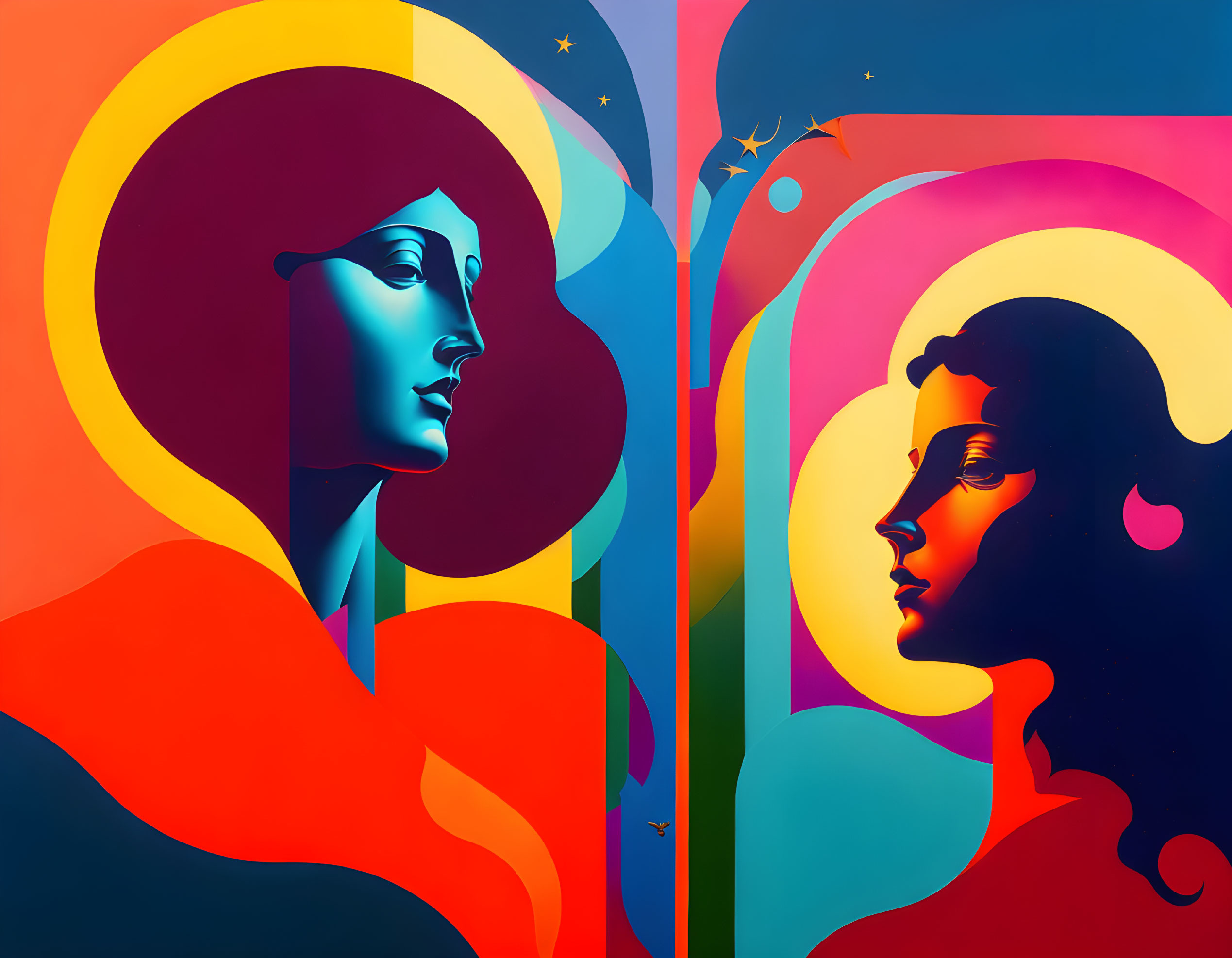 Vibrant abstract art: Two female profiles with cosmic theme, warm and cool colors.