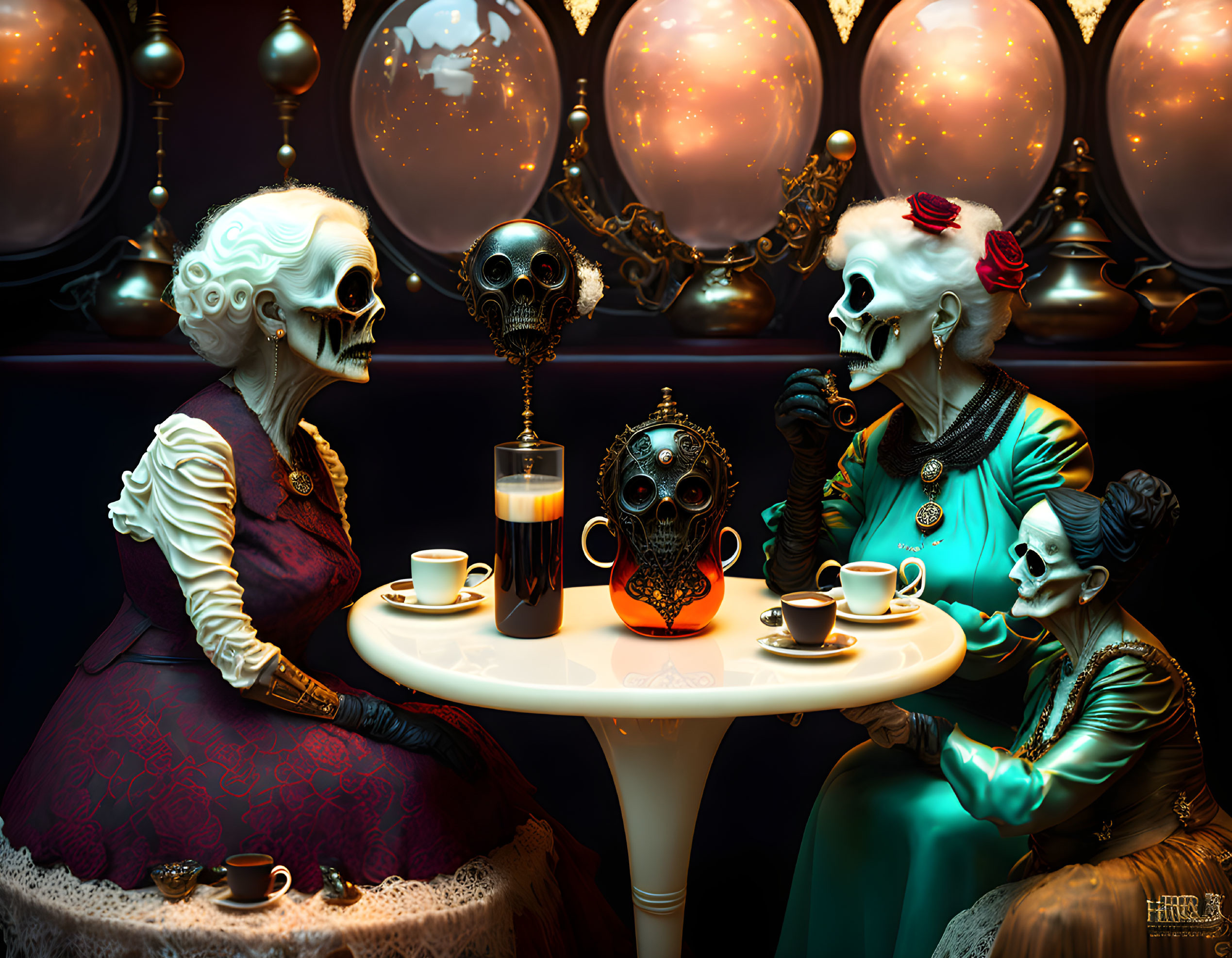 Elegantly dressed skeletons having coffee in dimly lit room