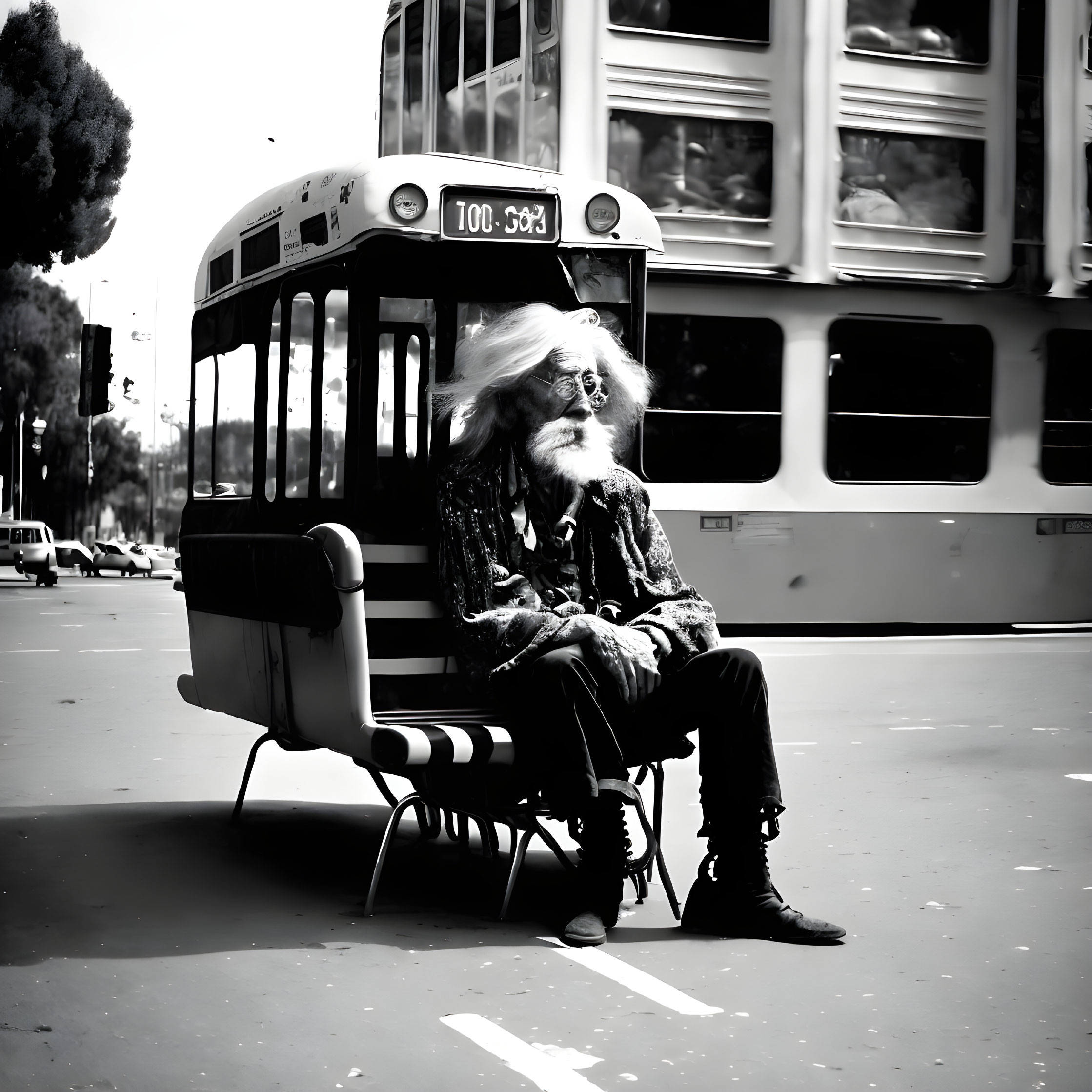 Elderly man with long white hair and beard at urban bus stop