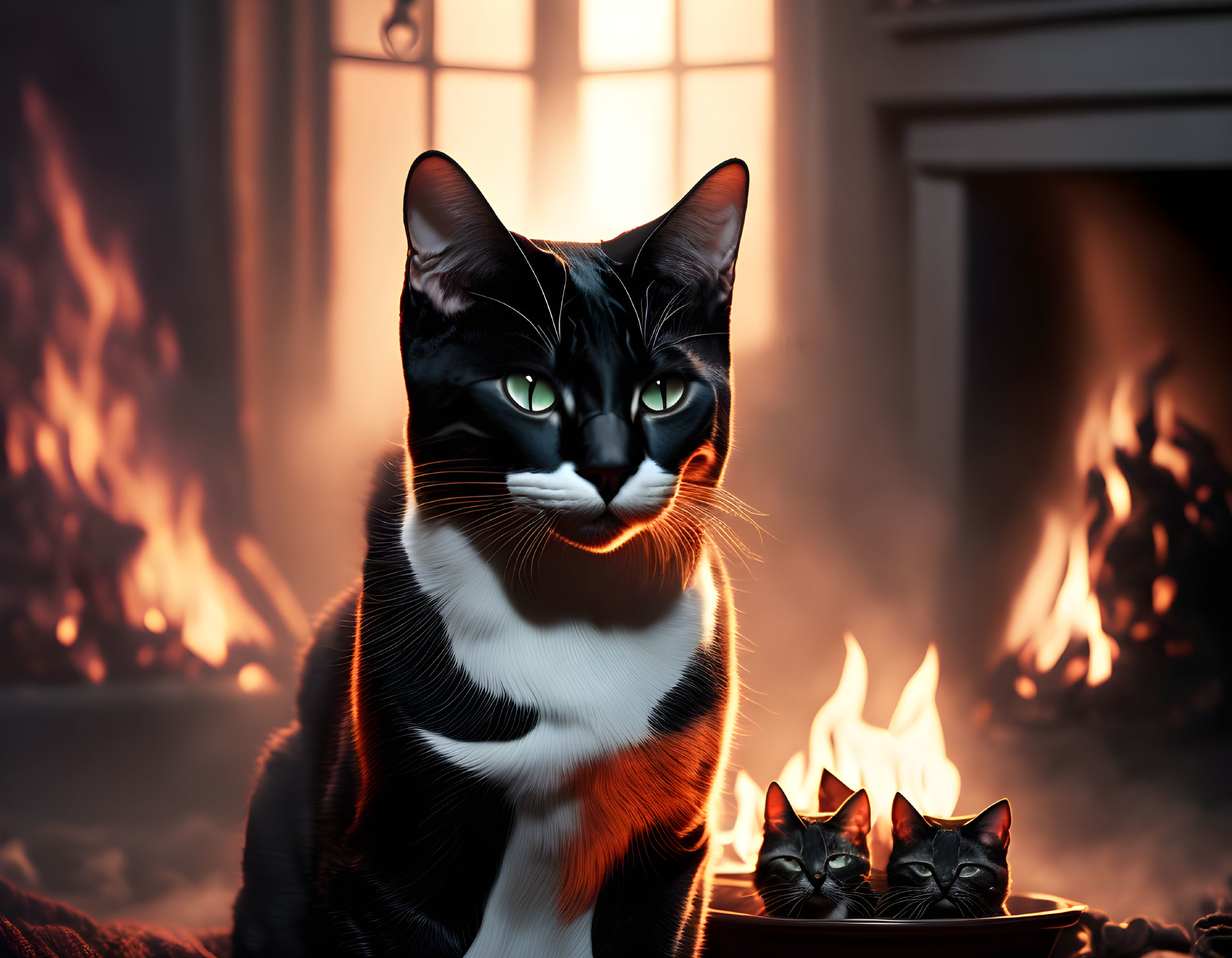 Black and White Cat with Green Eyes by Cozy Fireplace