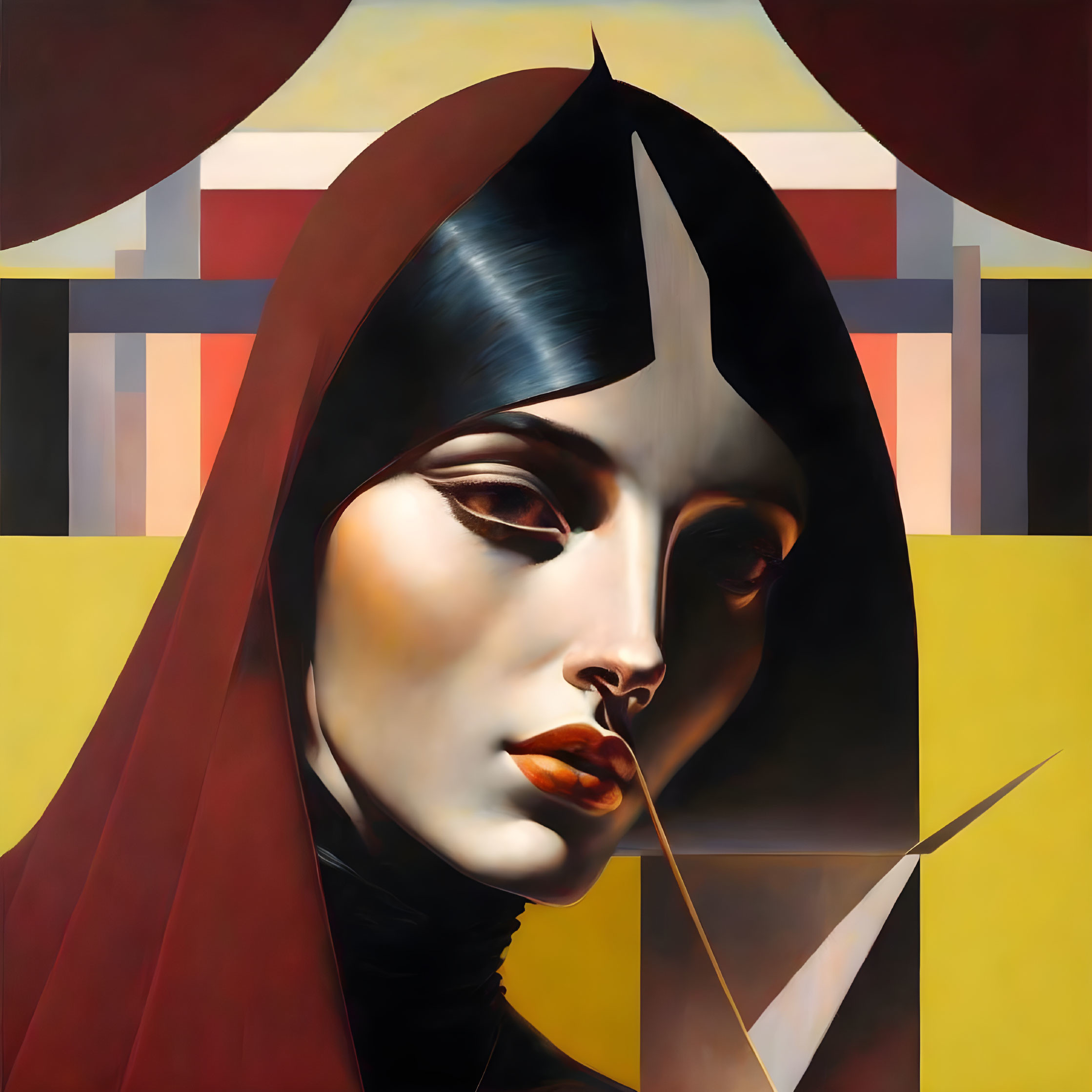 Stylized painting of woman with red hood and abstract geometric background