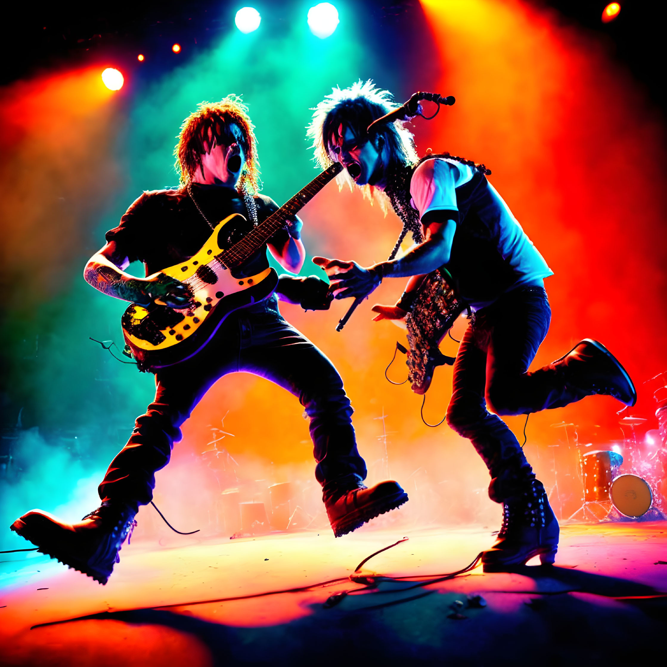 Energetic musicians with electric guitars on brightly lit stage