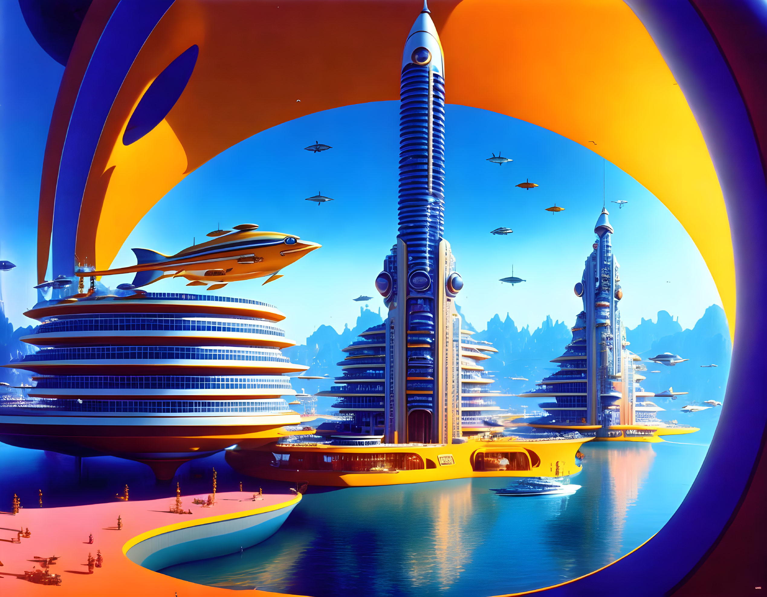 Futuristic cityscape with tall towers and flying vehicles in vibrant colors