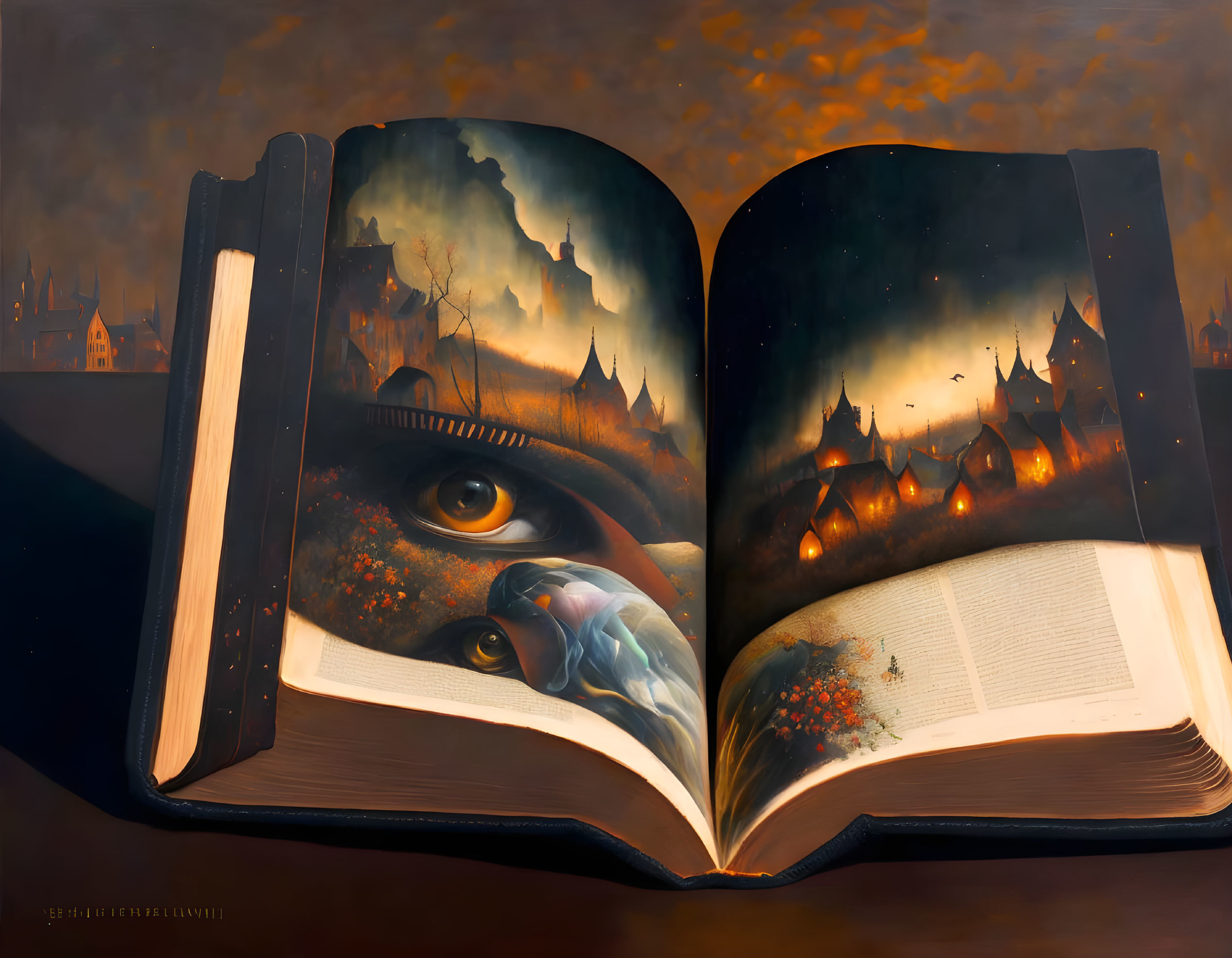 Surreal illustration of a nighttime village scene in an open book