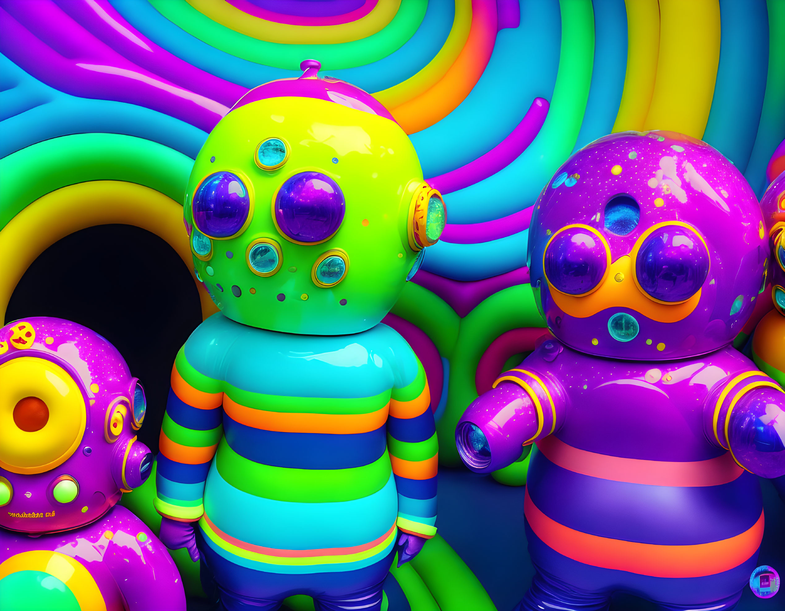 Colorful animated robots with round heads and striped bodies on vibrant backdrop