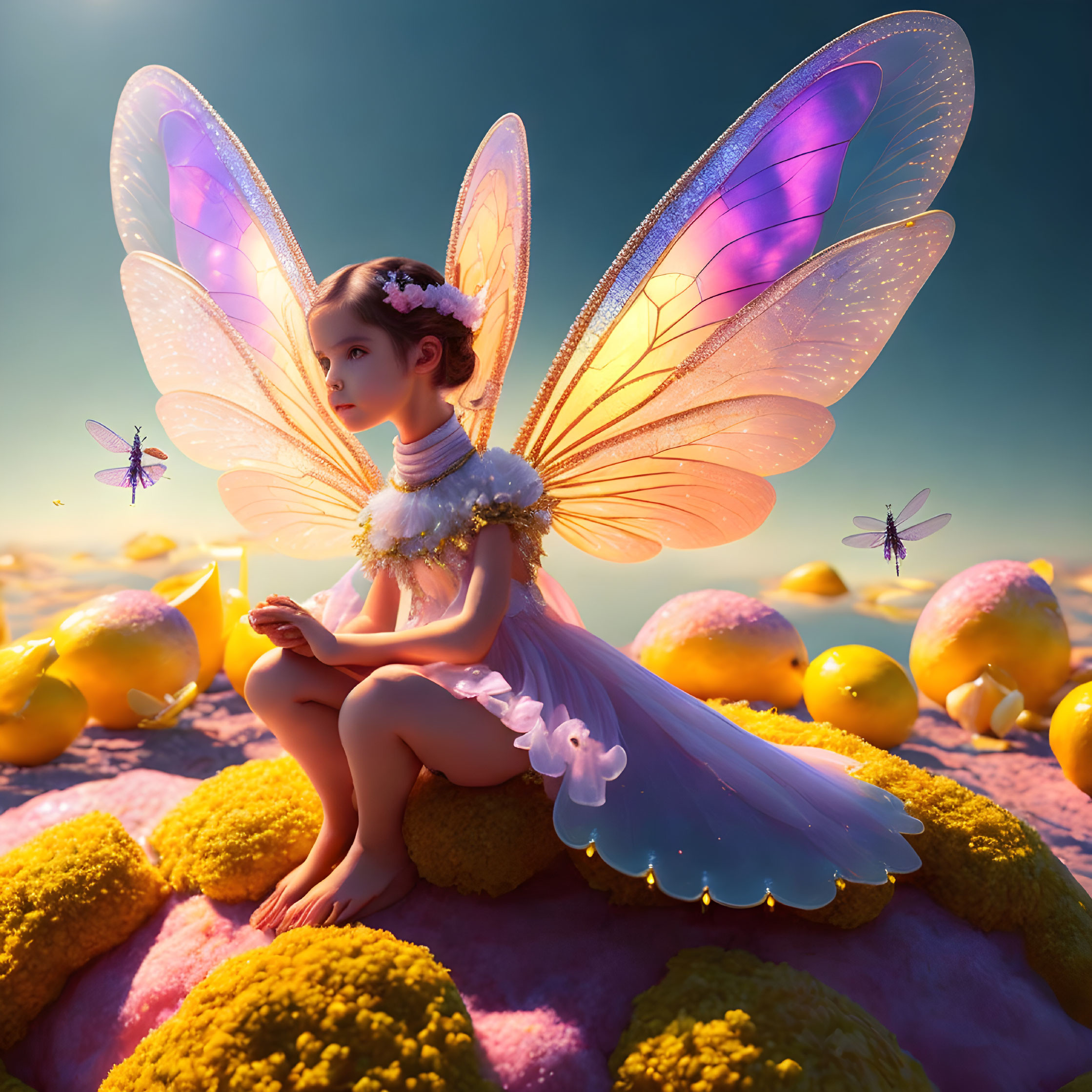 Colorful Fairy with Translucent Wings Surrounded by Lemons and Bees