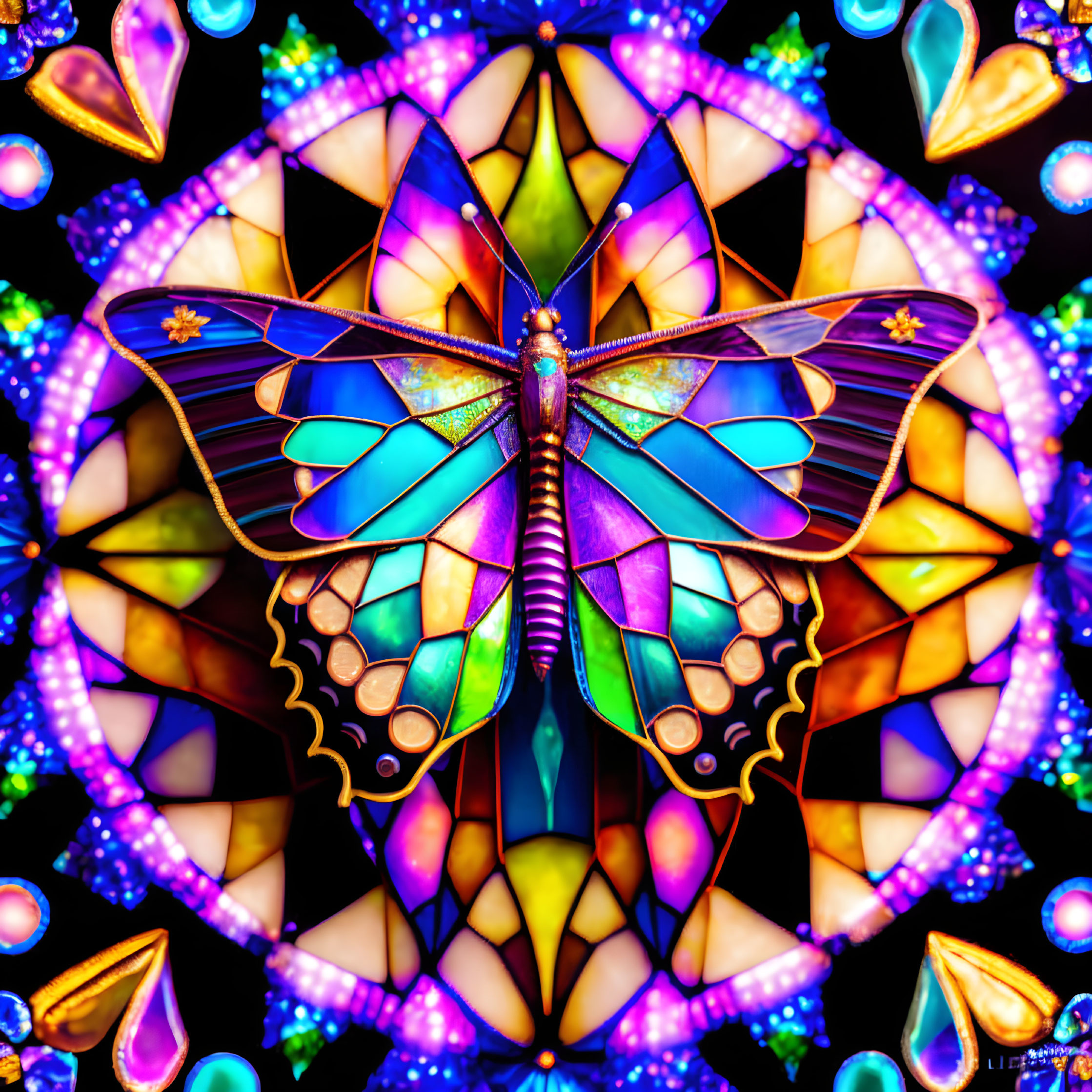 Symmetrical multicolored butterfly digital artwork on black background