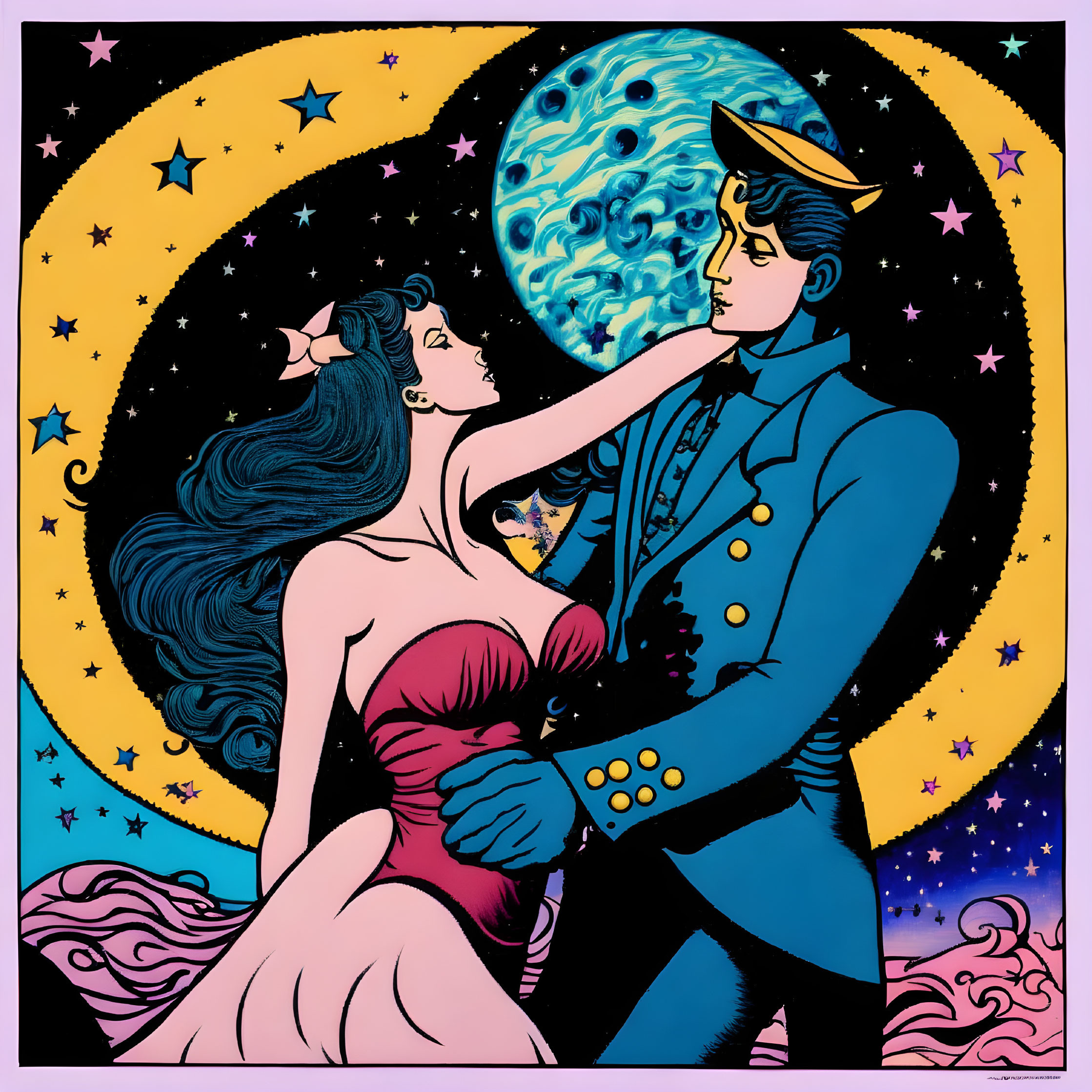 Romantic couple in cosmic setting with sailor and mermaid under starry sky.