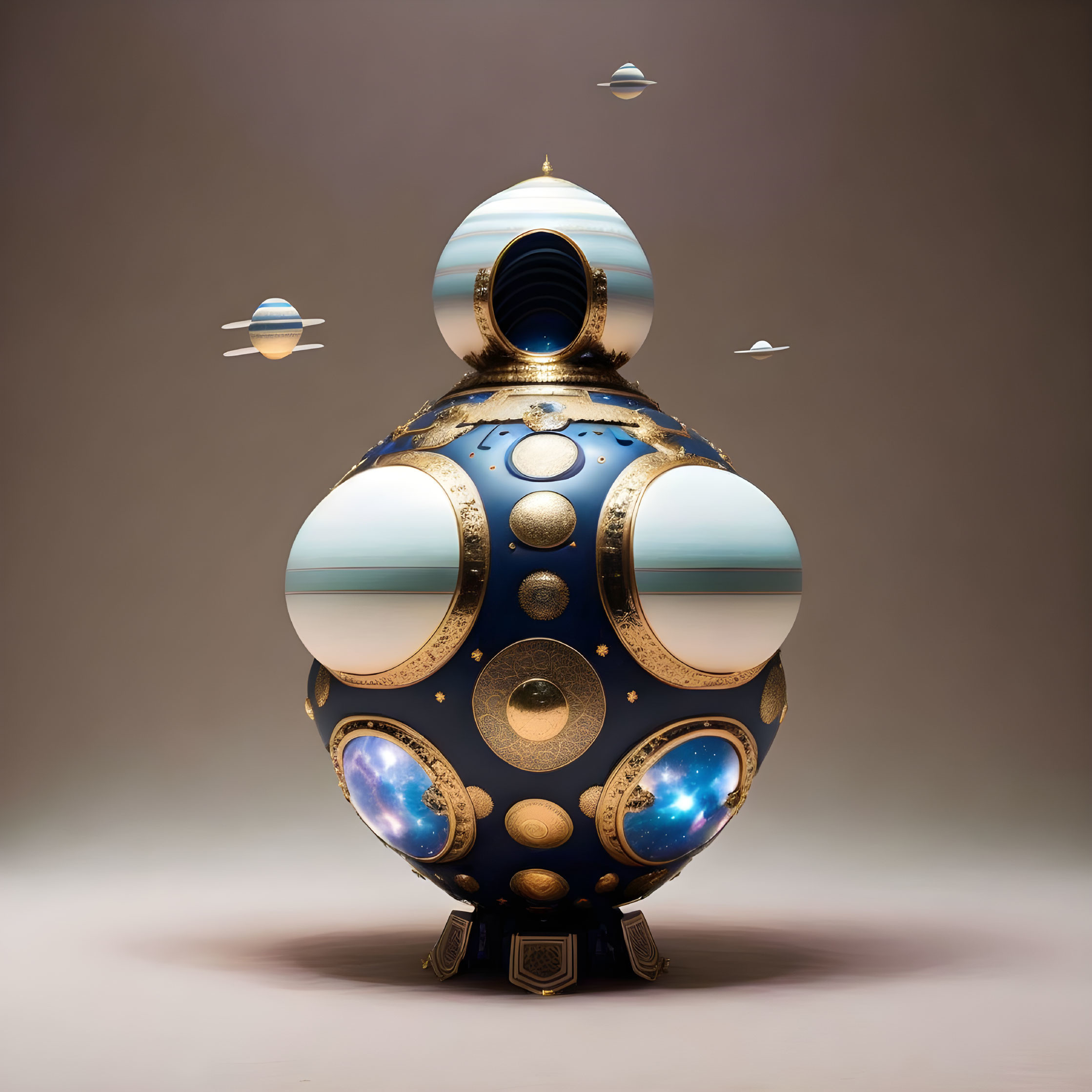 Celestial-themed spherical ornament with golden planets and spaceship vibes