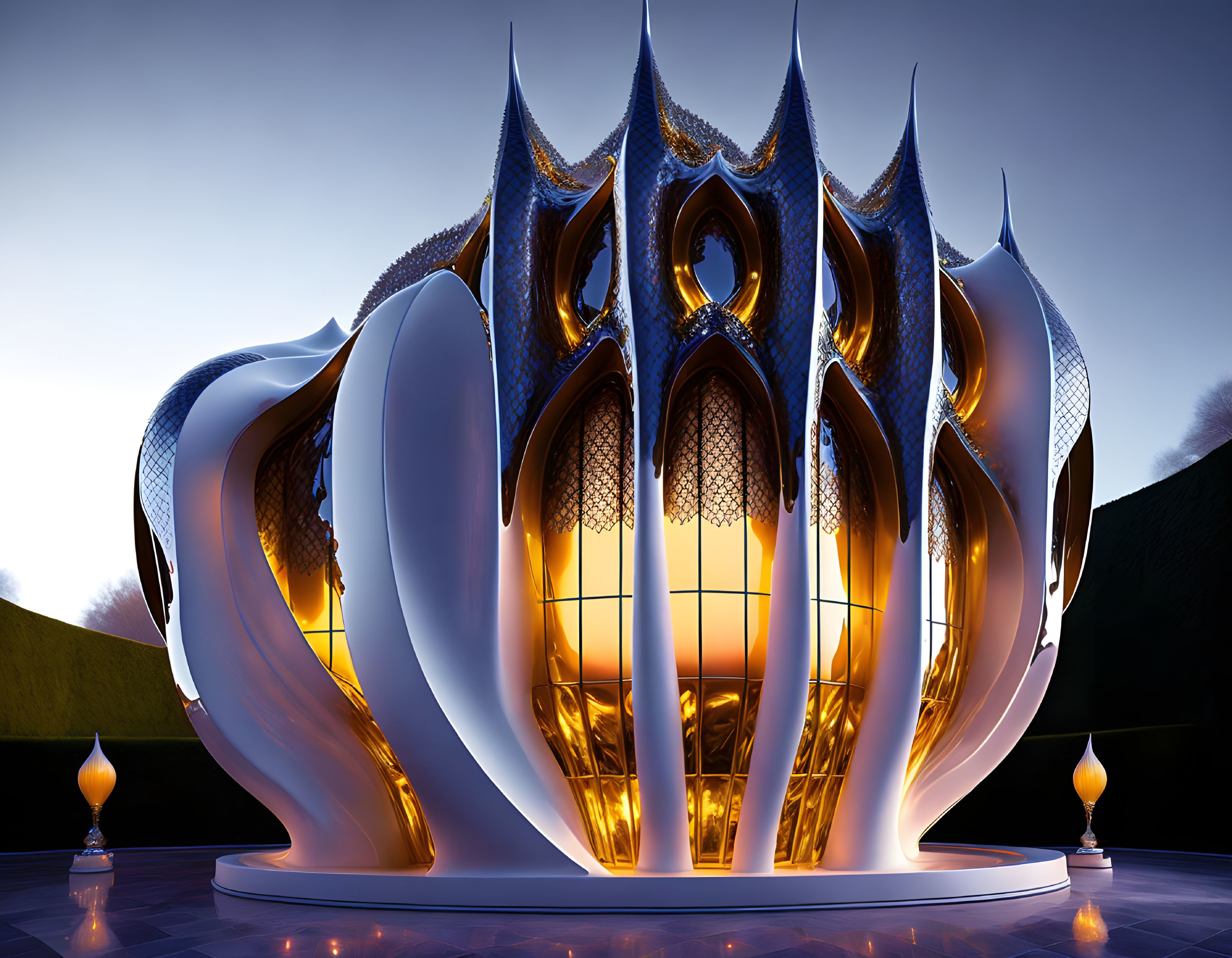 Lotus-inspired futuristic building with pointed arches at twilight