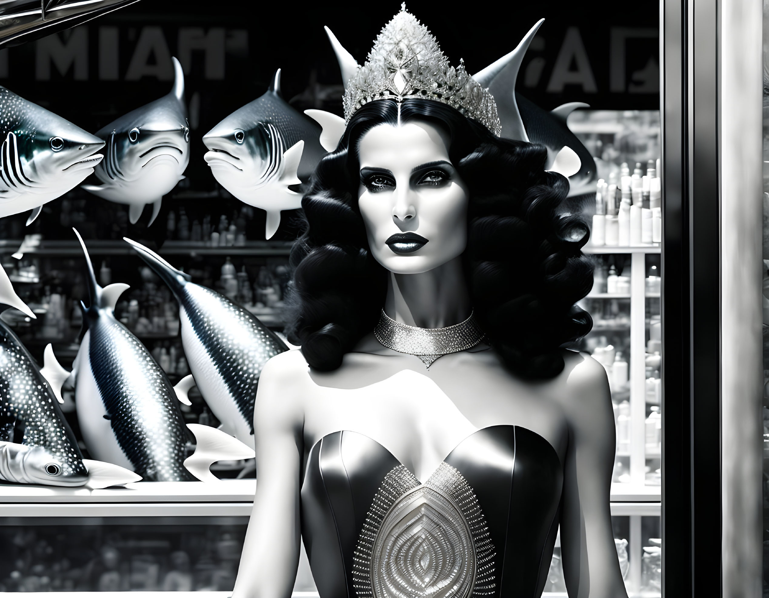 Monochrome image of glamorous woman with crown, dramatic makeup, wavy hair, and fish backdrop