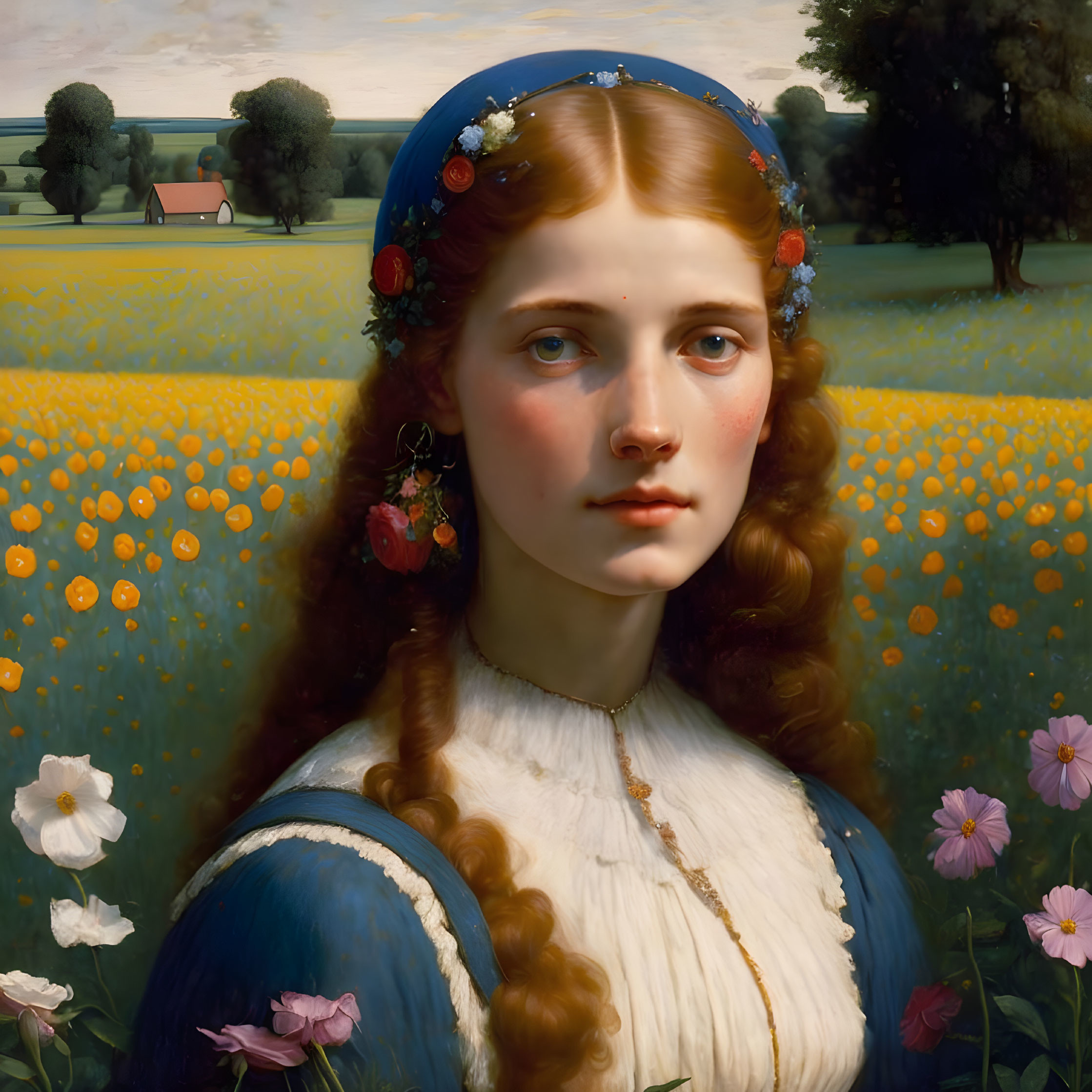 Portrait of a Young Woman with Red Hair in Flowery Field