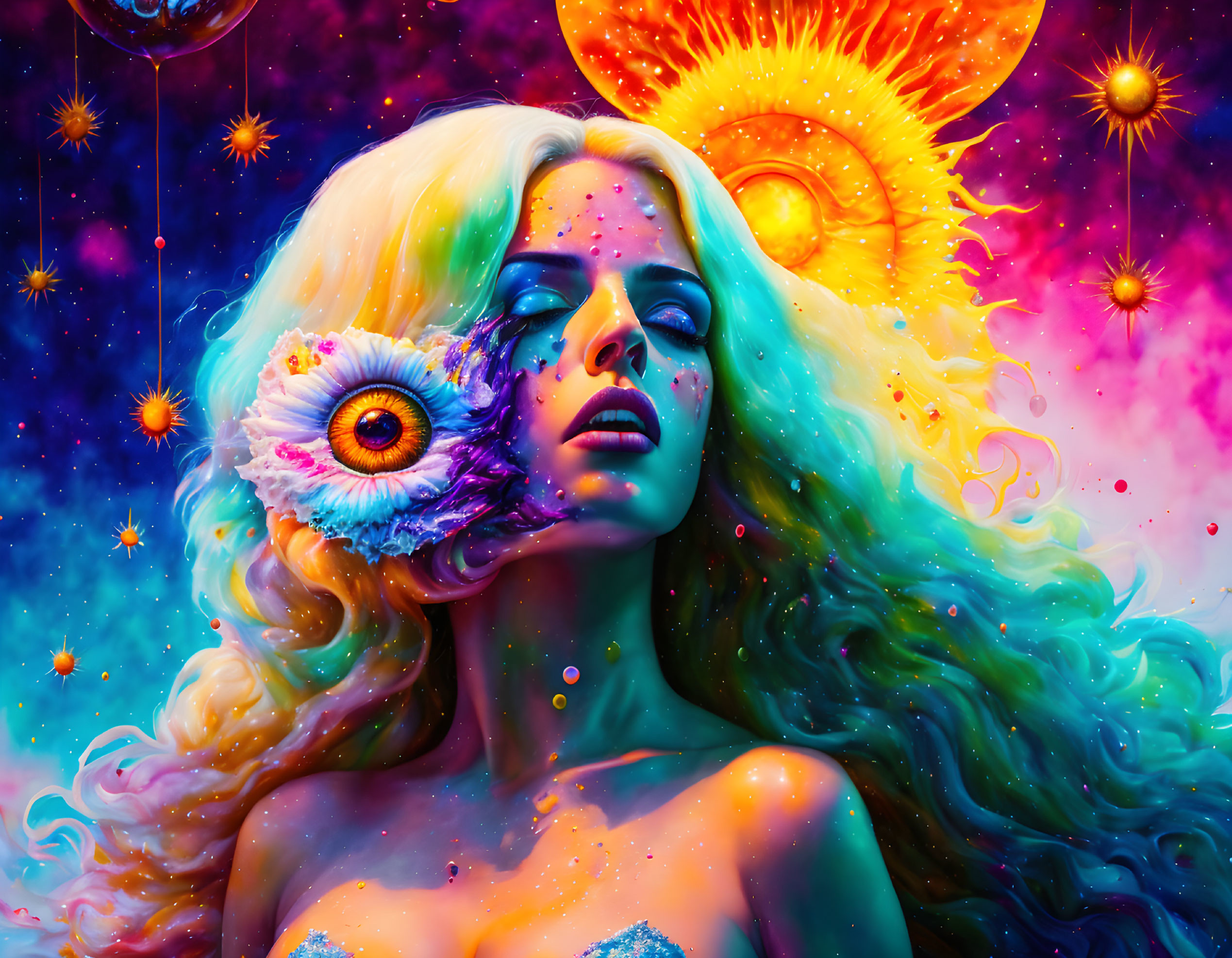 Colorful cosmic portrait of a woman with stars, sun motif, and floral elements