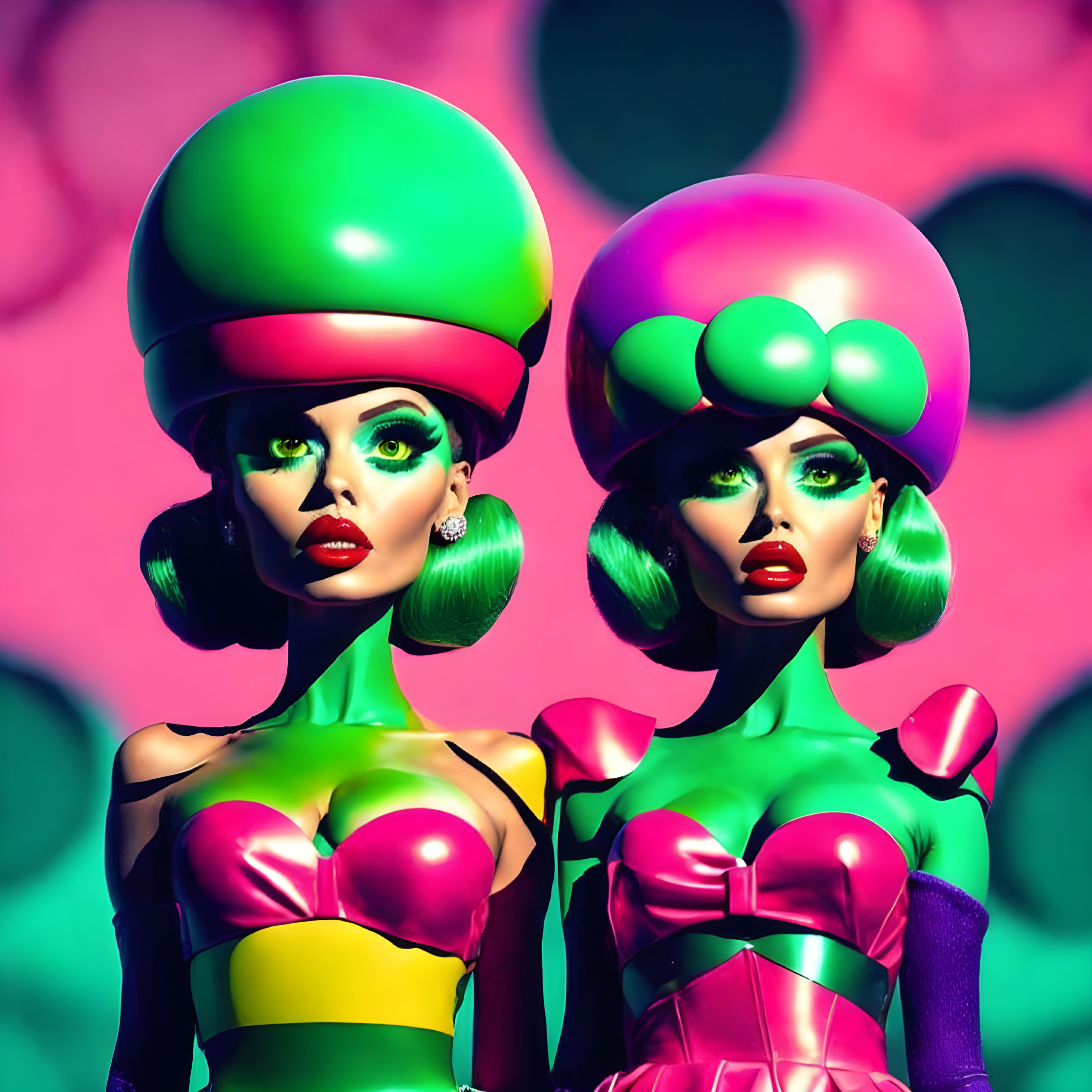 Vibrant stylized female figures in colorful outfits on pink background