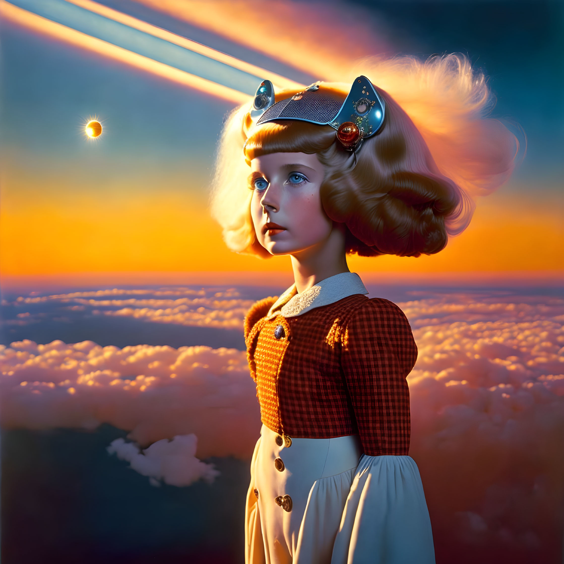 Surreal portrait of girl with wavy hair in vibrant sci-fi setting