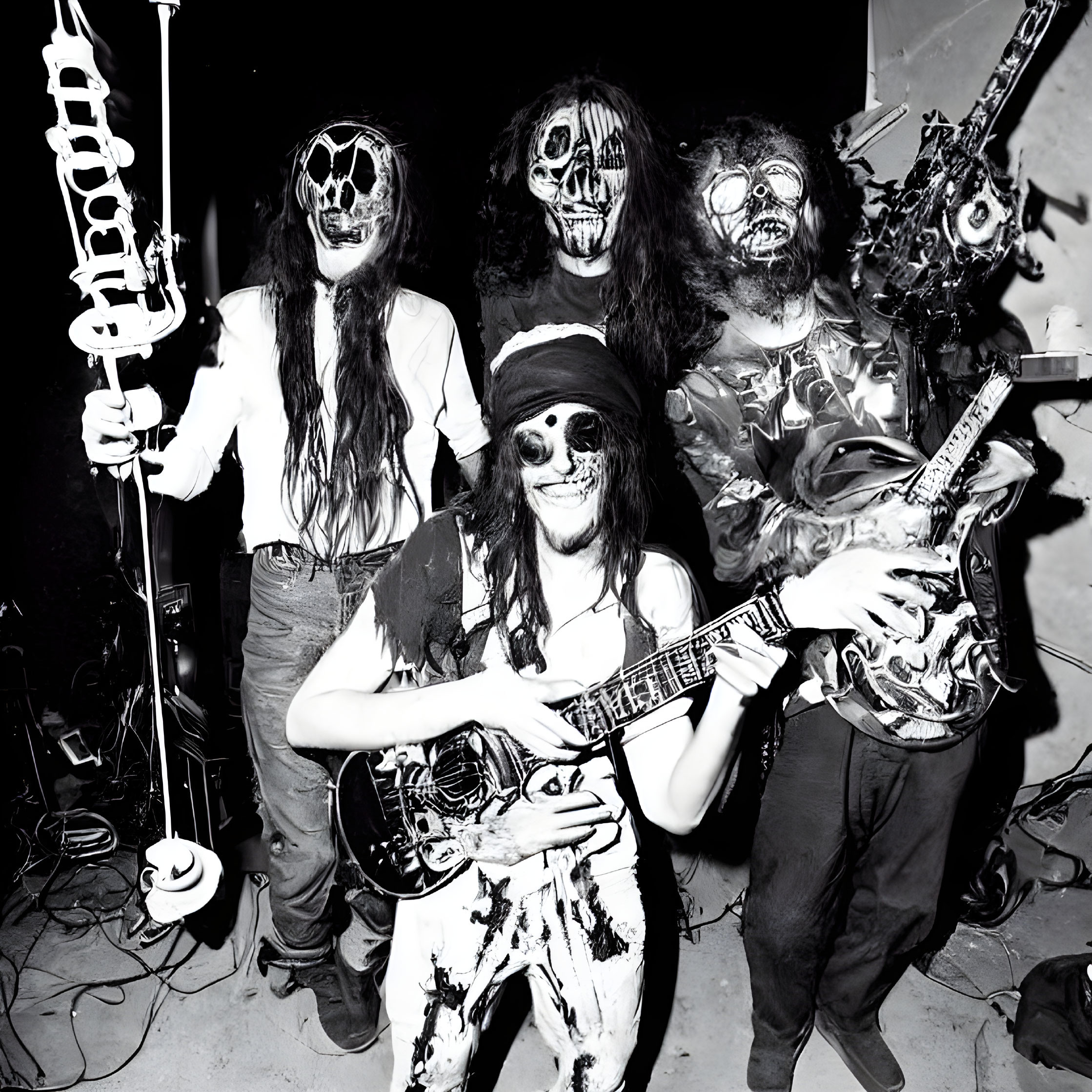 Group of four people in skull masks and eccentric costumes with musical instruments in black and white.