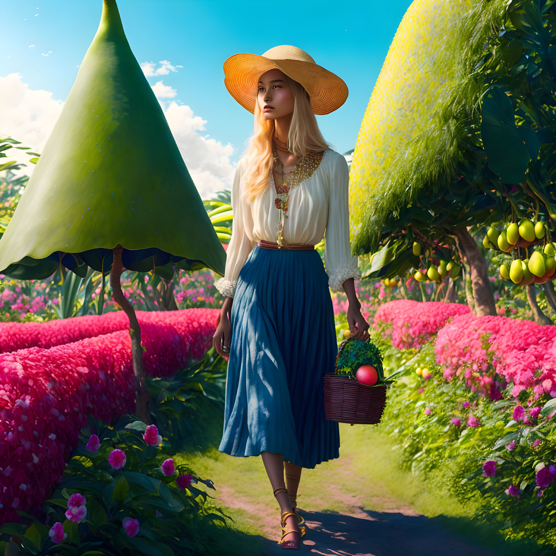 Woman in straw hat with basket among pink flowers and trees under blue sky