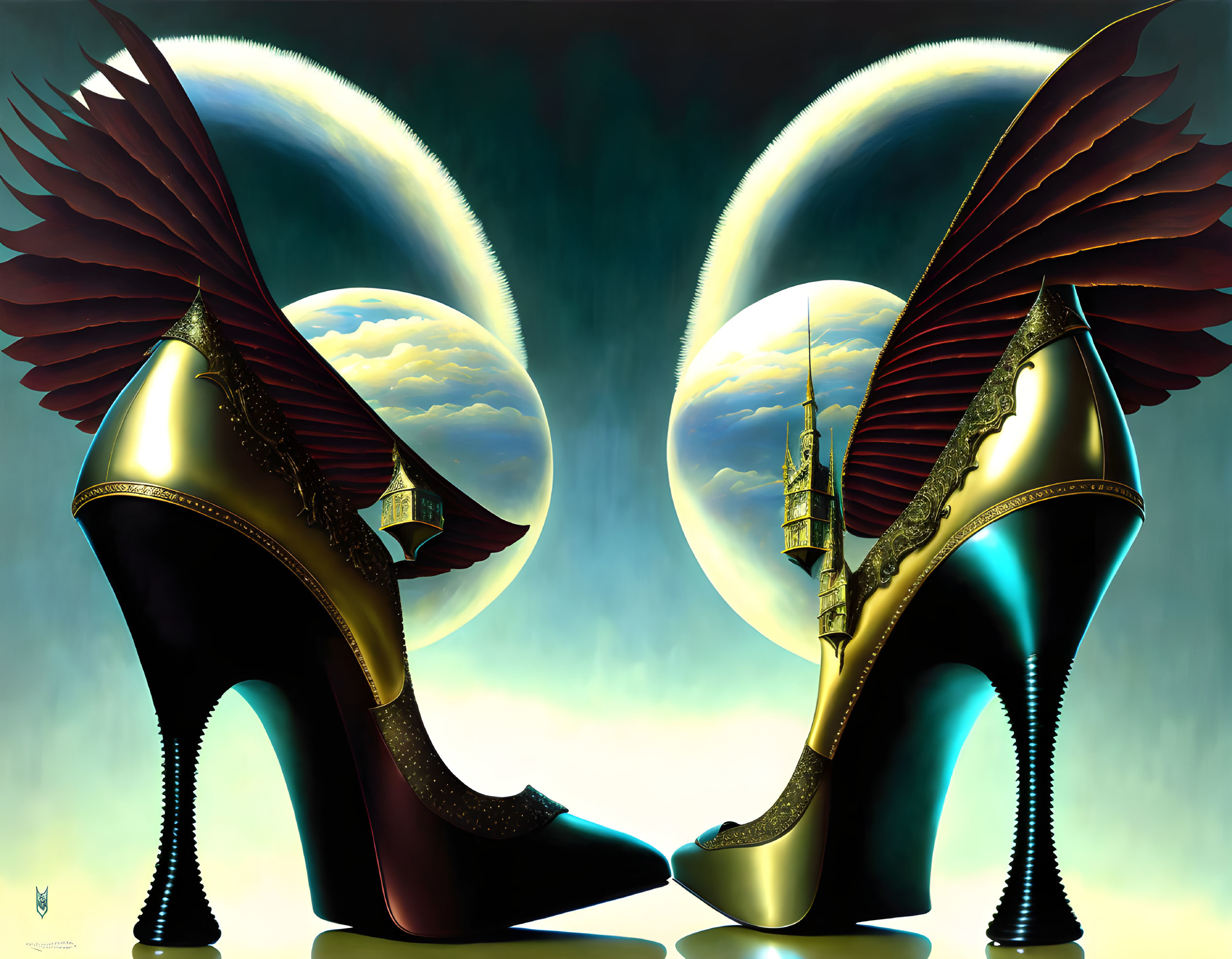 Ornate winged high-heeled shoes with fantasy landscape reflections