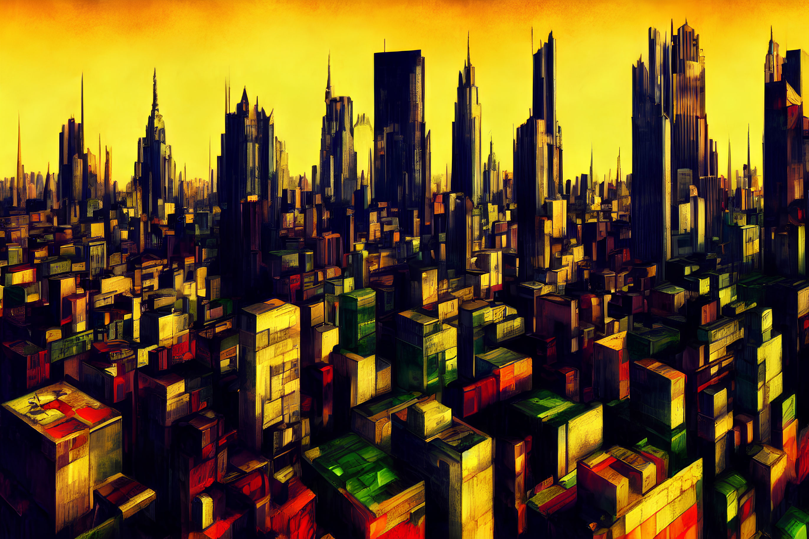 Futuristic cityscape digital artwork at sunset with vibrant skyscrapers