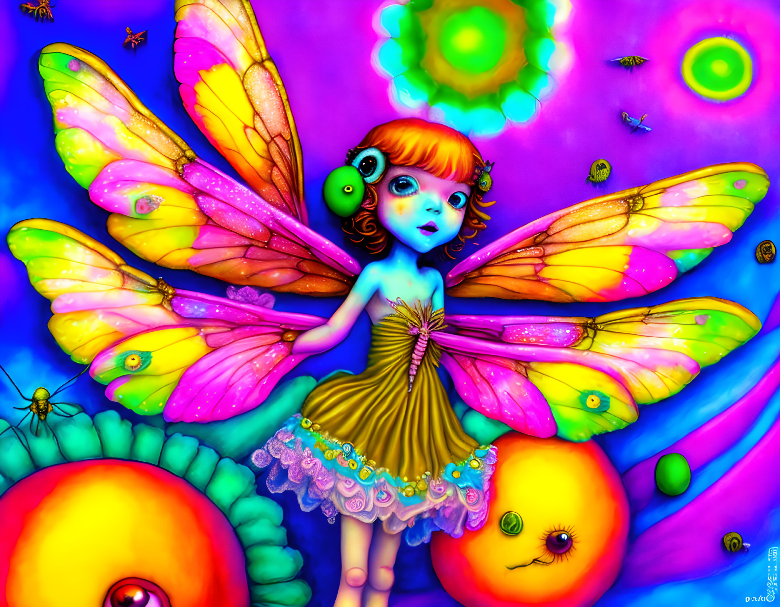 Colorful fairy with intricate wings in whimsical setting