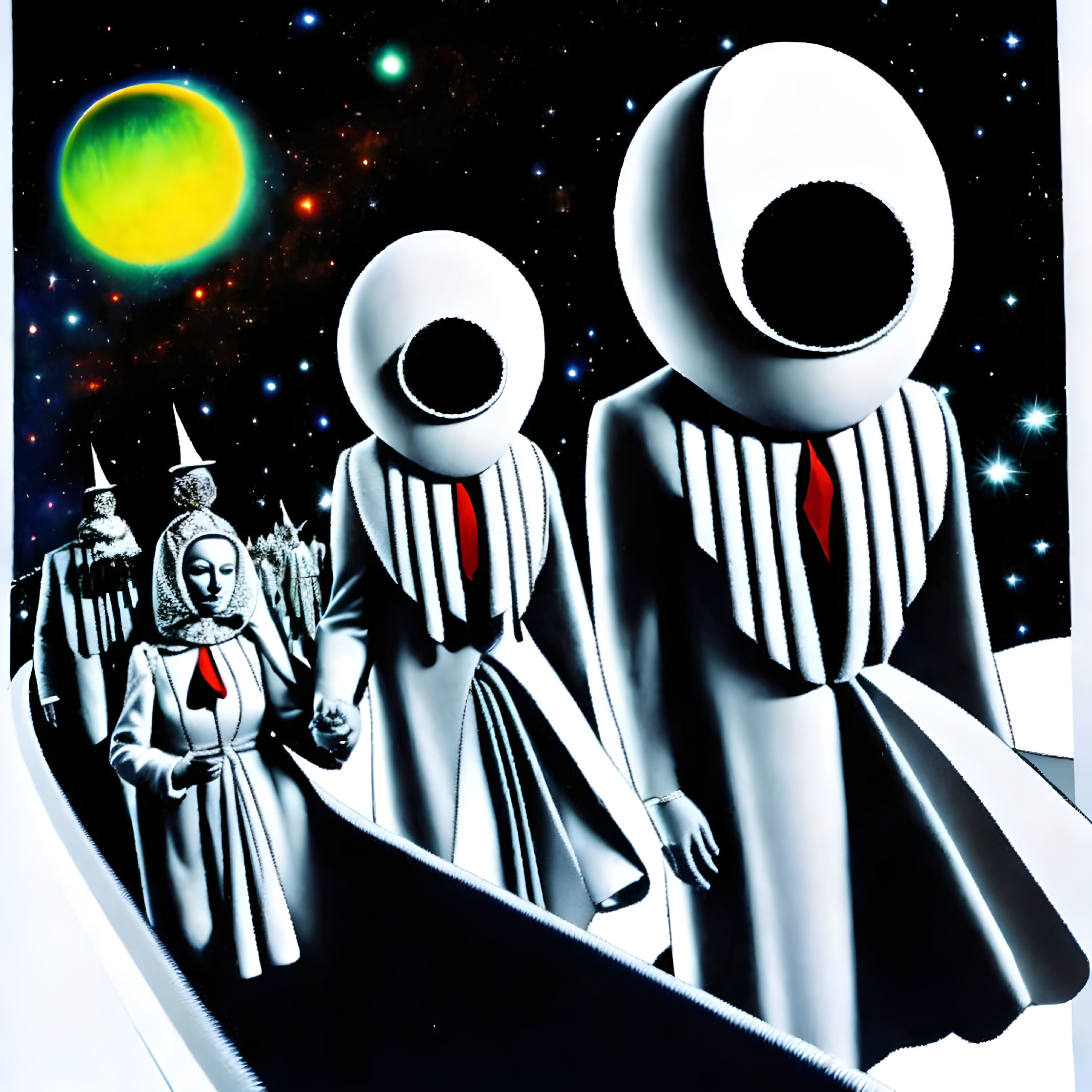 Two eyeless figures in striped garments in cosmic setting