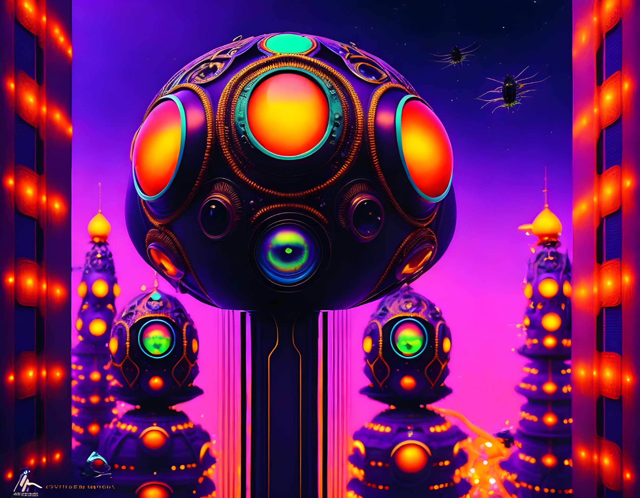 Futuristic cityscape with neon colors, ornate sphere, towering spires, starry sky