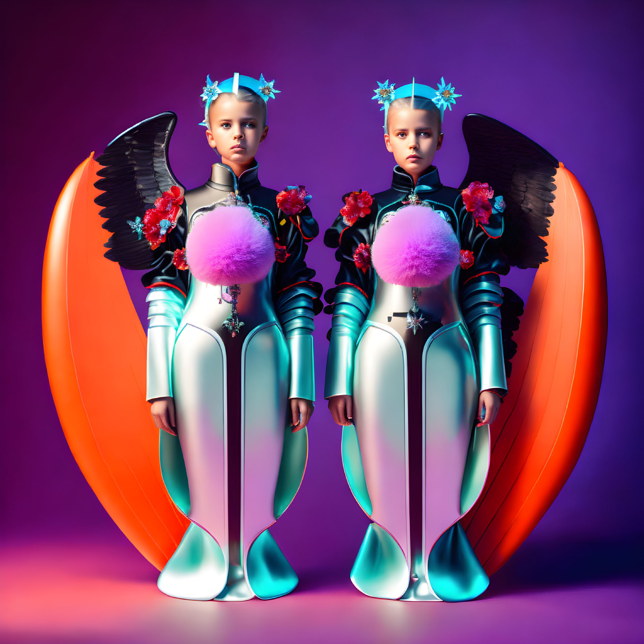 Blue-skinned futuristic characters in silver bodysuits with black wings and red flowers, holding large orange