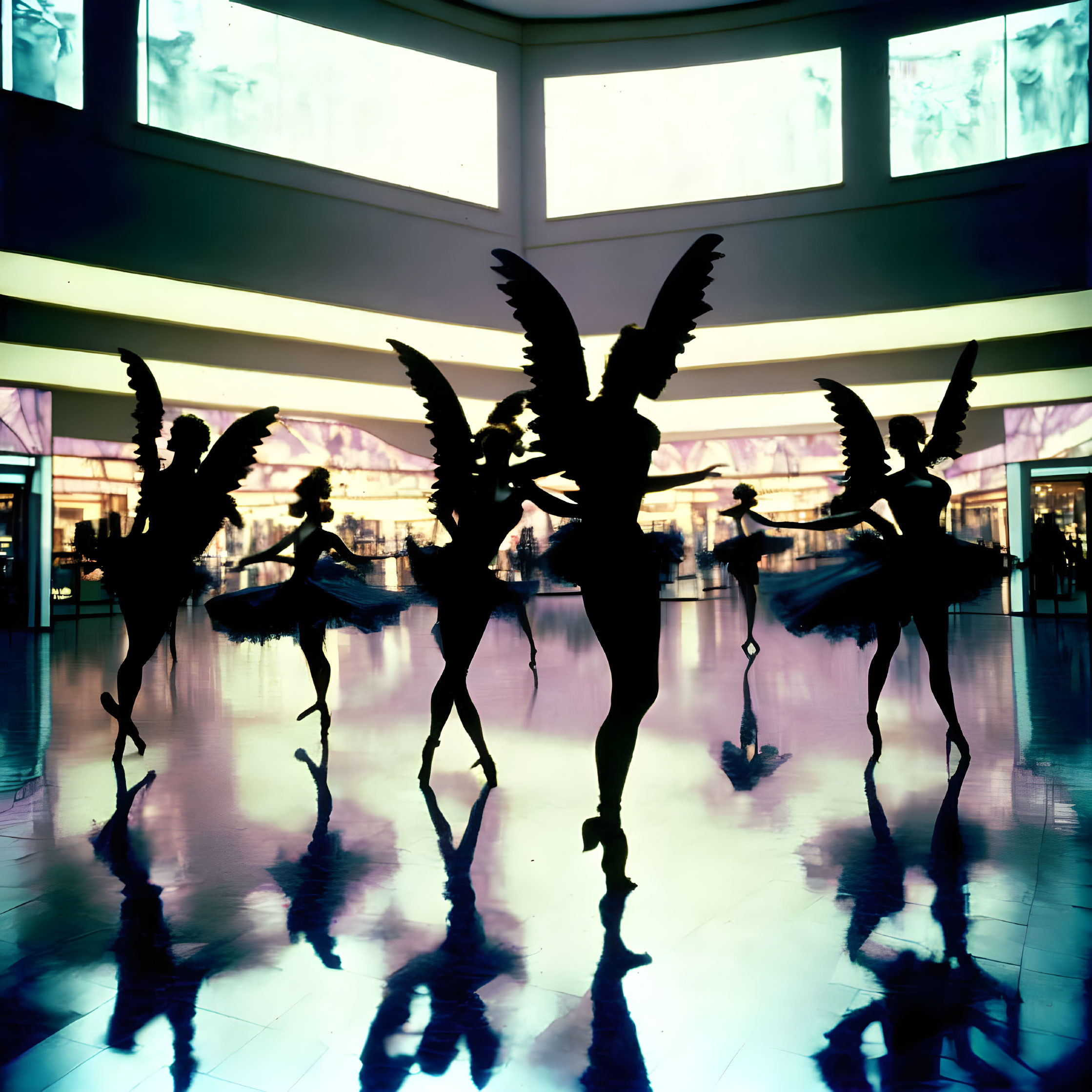 Ballerinas in winged costumes in reflective room