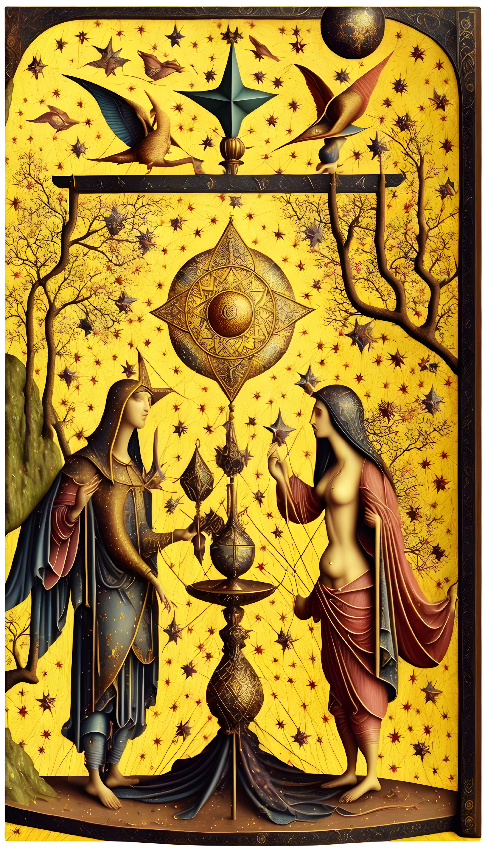 Surrealist painting with robed figures and cosmic tree landscape