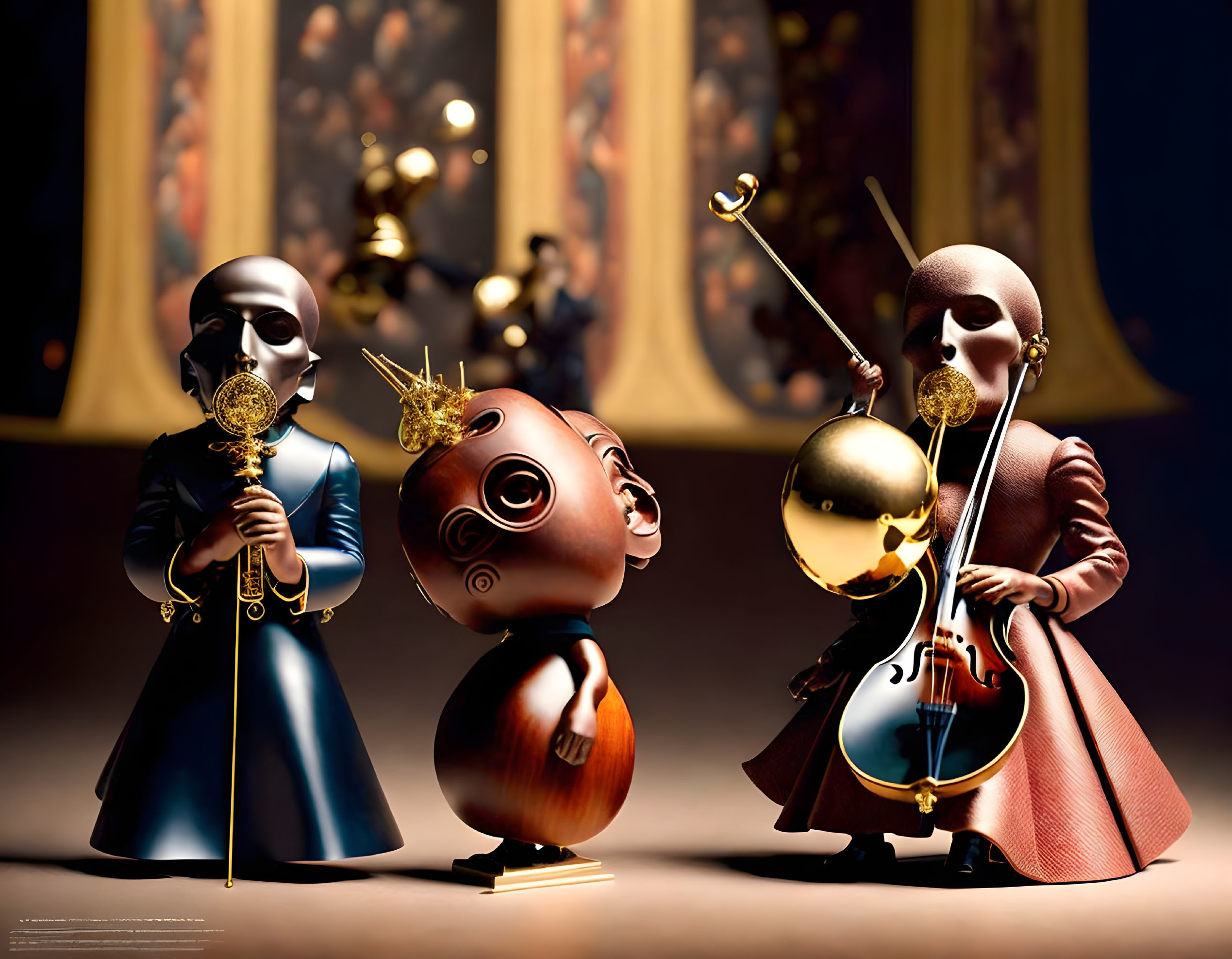 Stylized figures with instrument-shaped heads playing violin and trumpet in warm setting