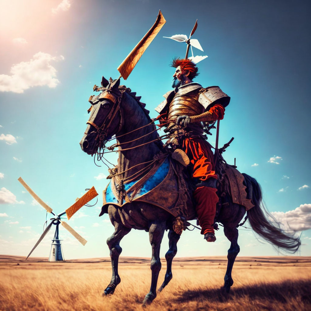 Medieval knight in armor on horse with lance and windmill in background