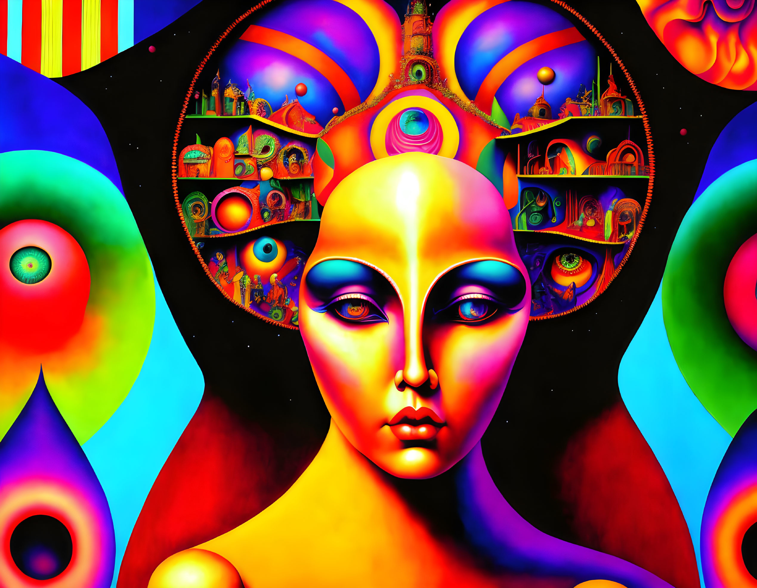 Colorful surreal face with psychedelic patterns and abstract architecture.