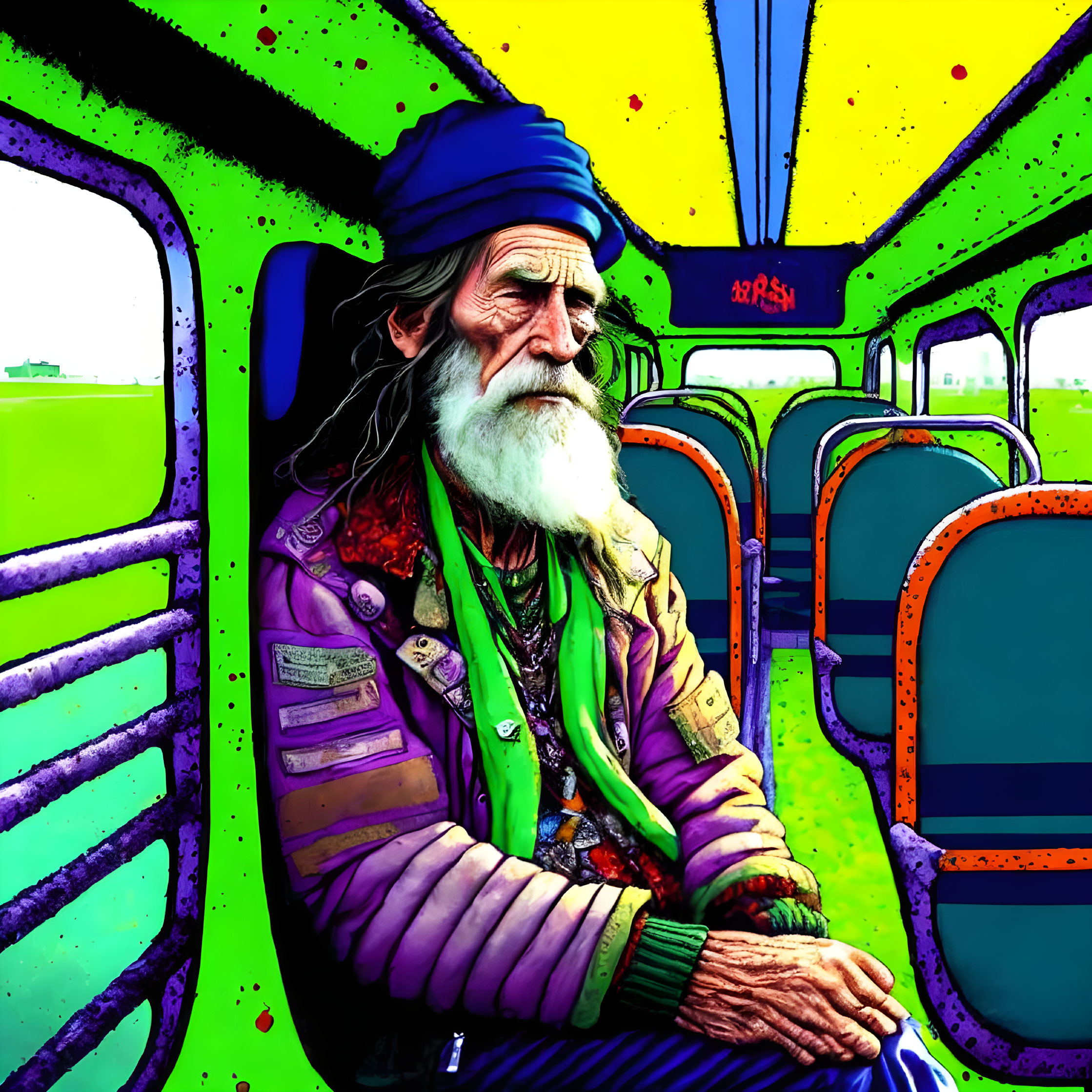 Elderly man in blue turban sits thoughtfully in colorful bus interior