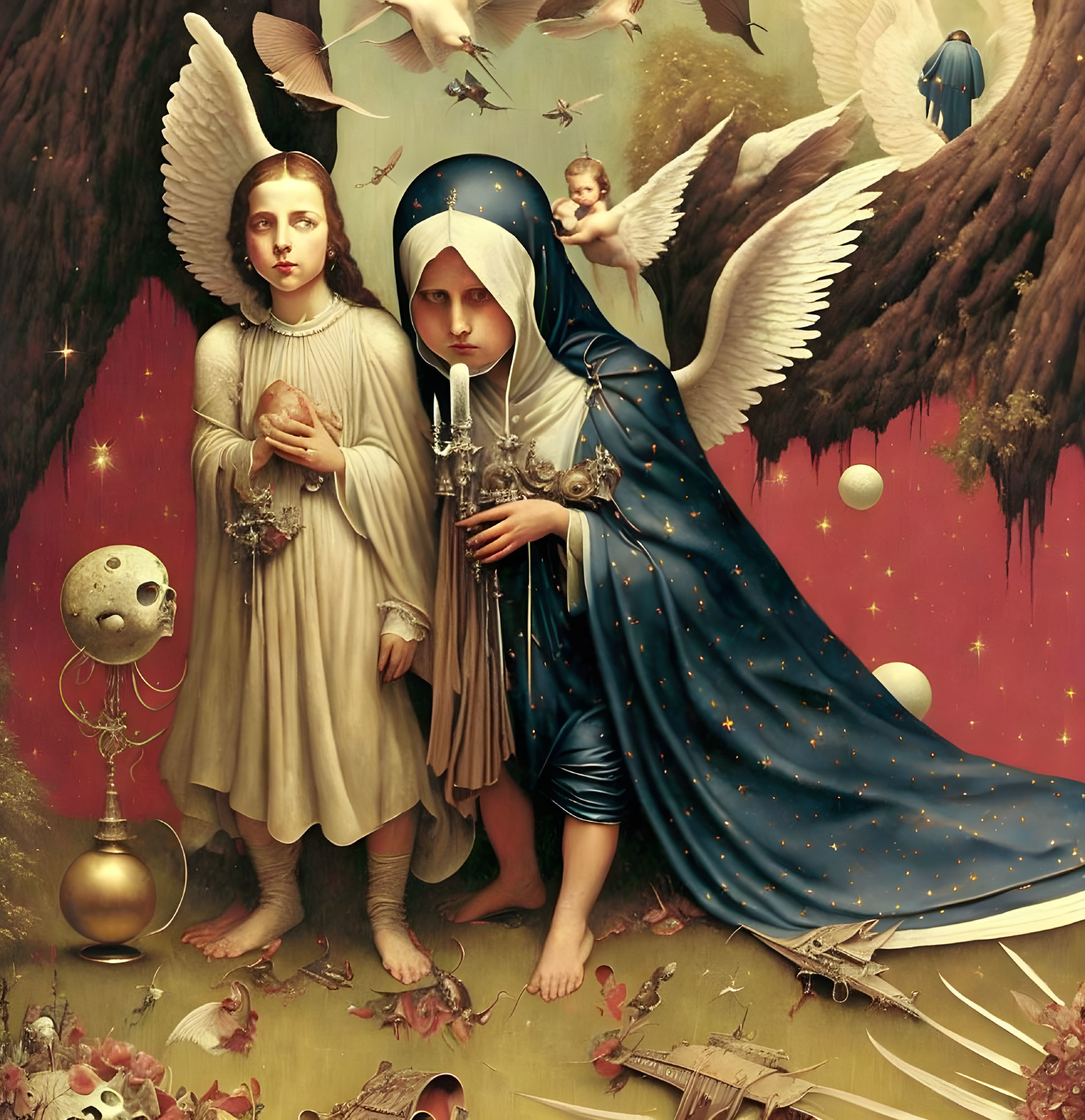 Surreal painting with robed child, winged figure, and floating skull