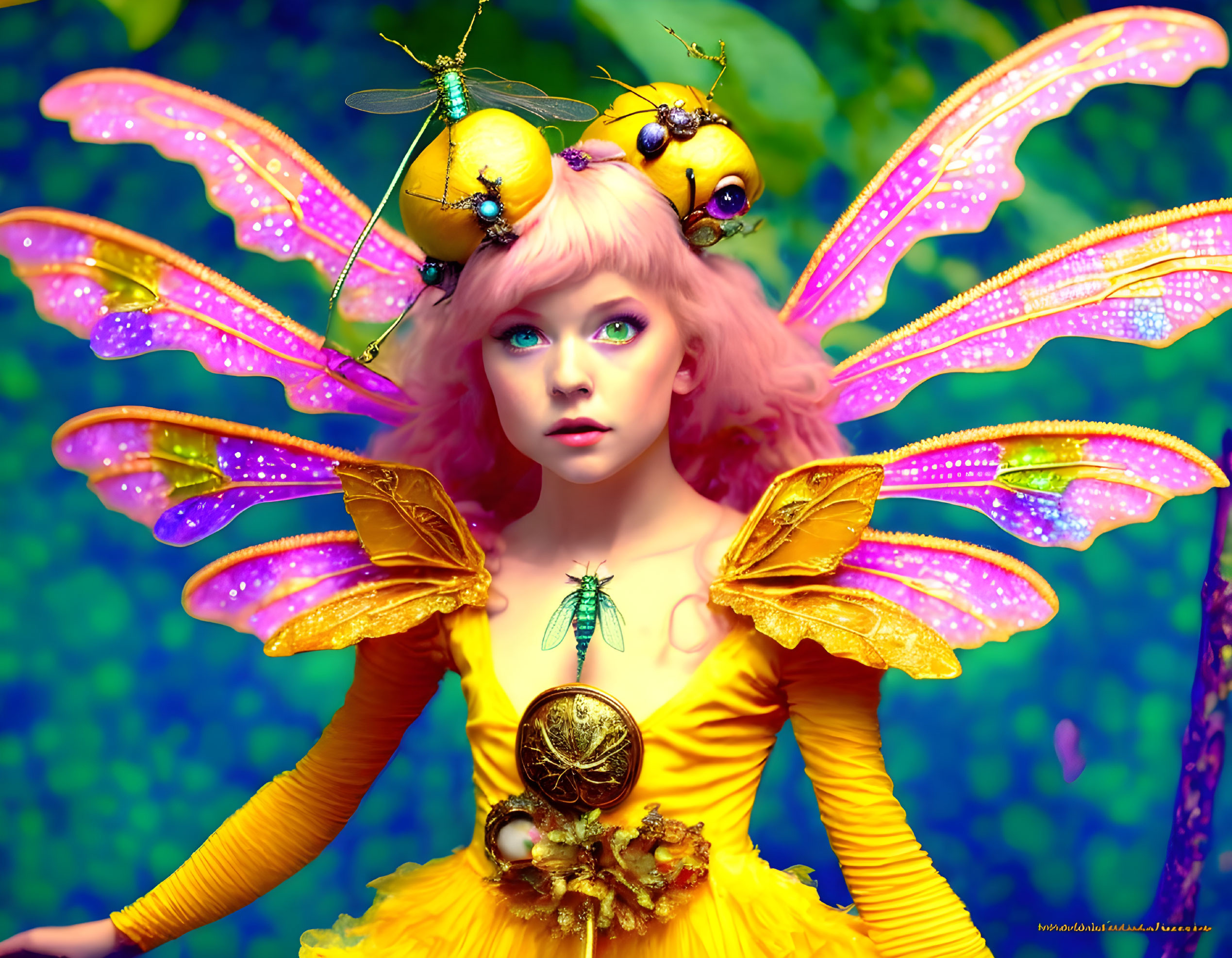 Vibrant fairy costume with iridescent wings and fruit-themed headdress on green background