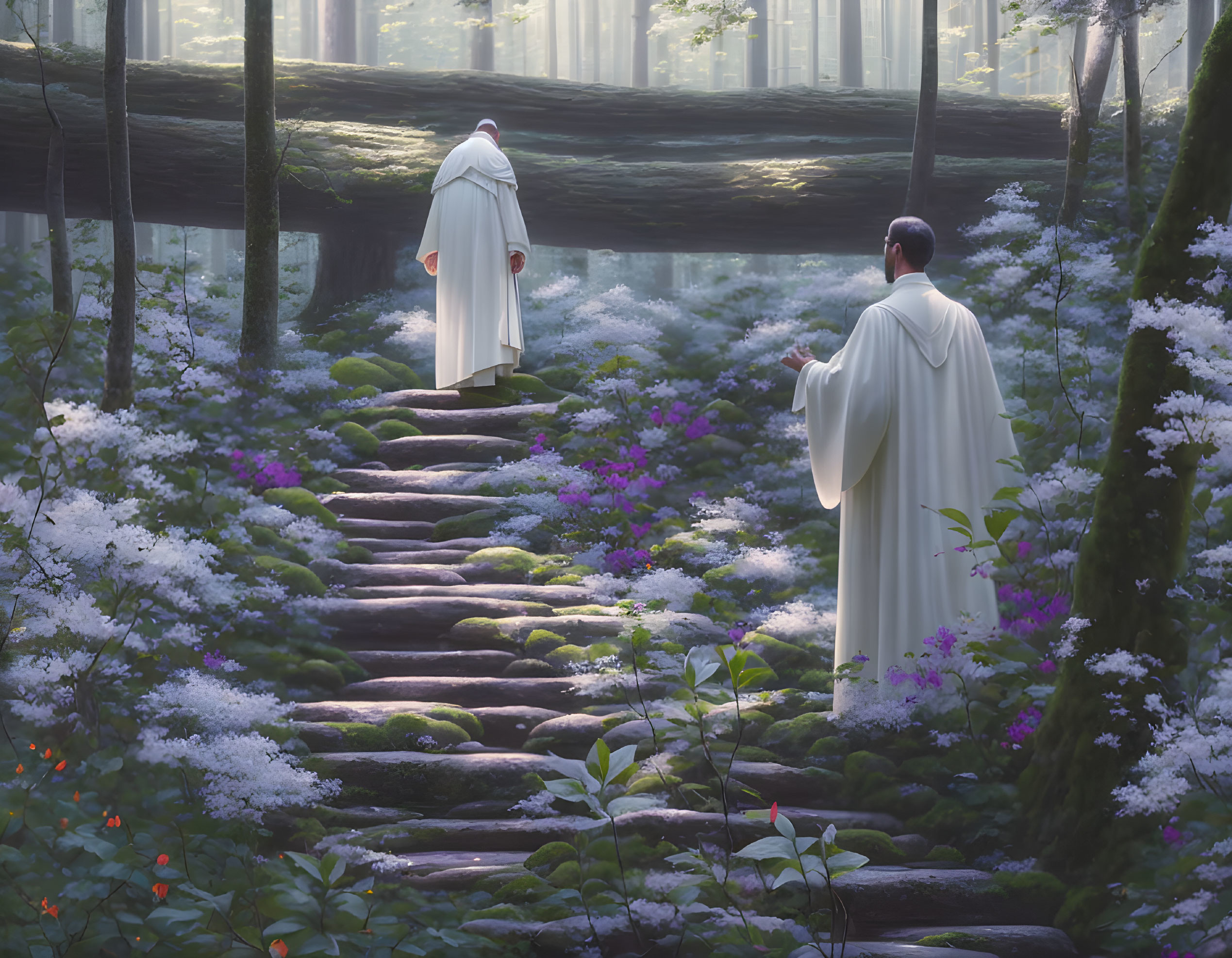 Robed figures climbing stone steps in forest setting with fallen log and sunlight.