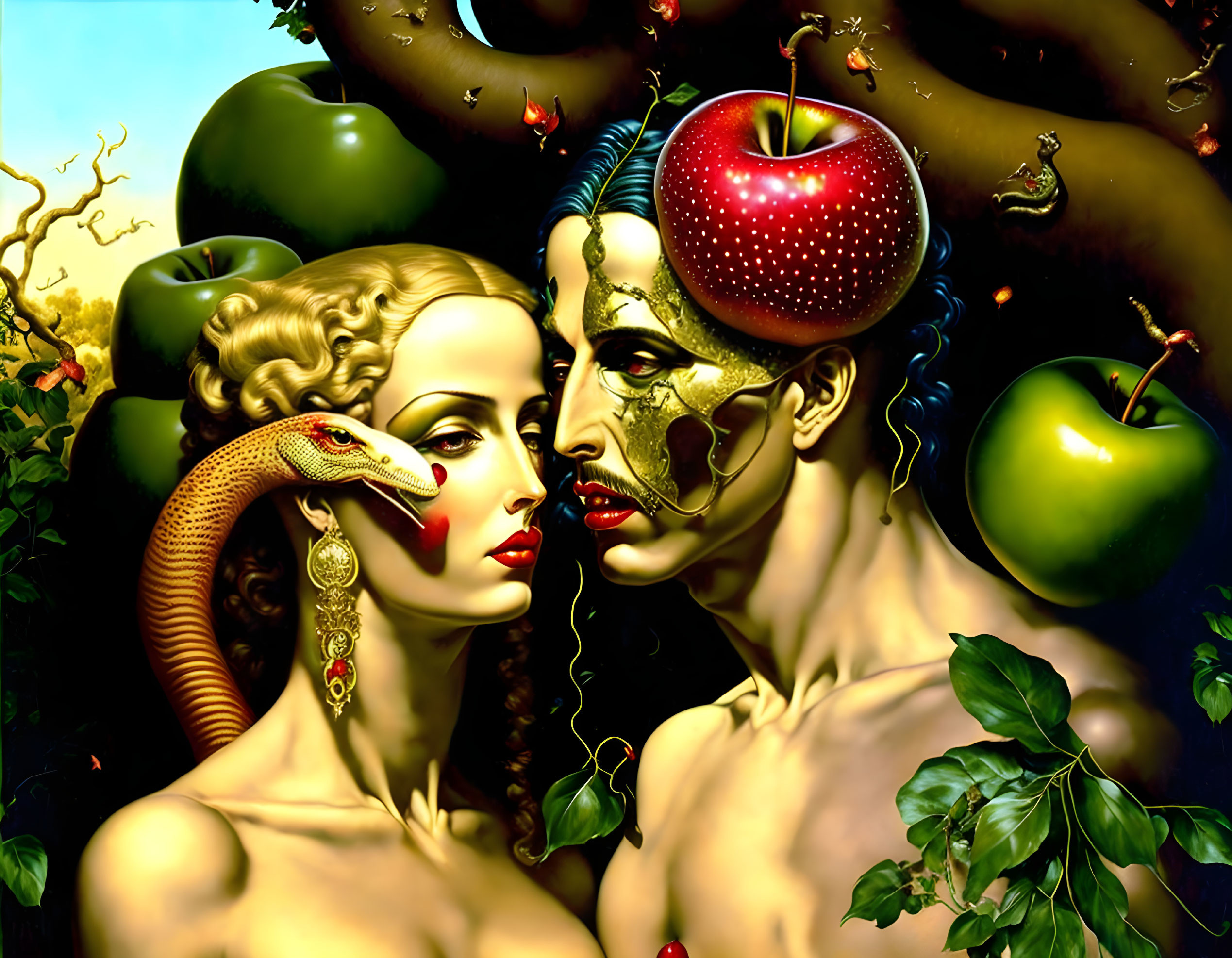 Surrealist male and female figures with Adam and Eve motifs in nature.