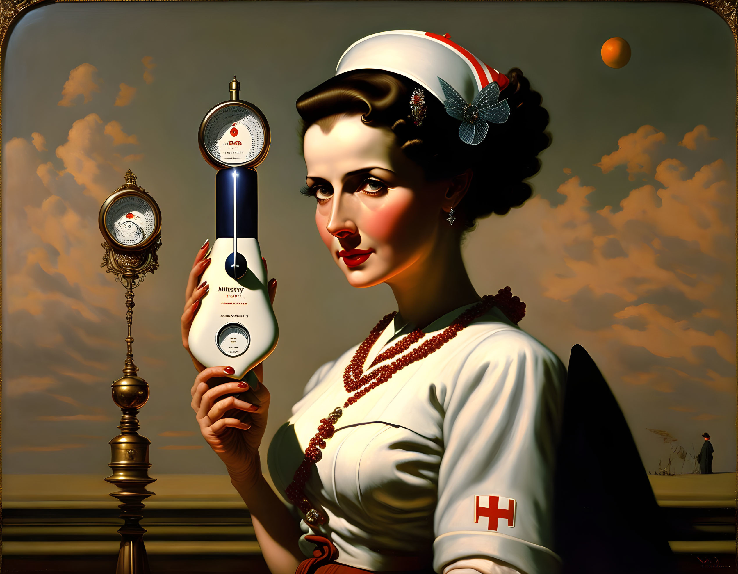 Vintage-style painting of nurse with sphygmomanometer & antique clock on warm-colored backdrop