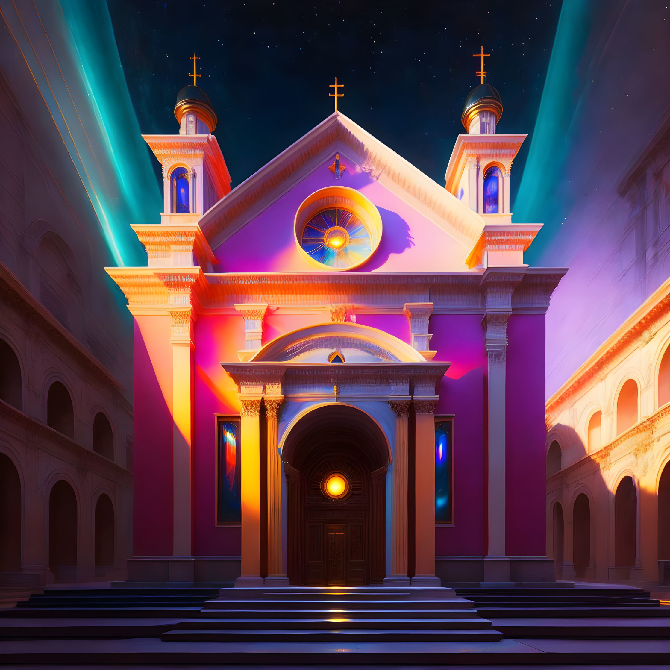 Neon-lit church digital artwork with twilight sky.