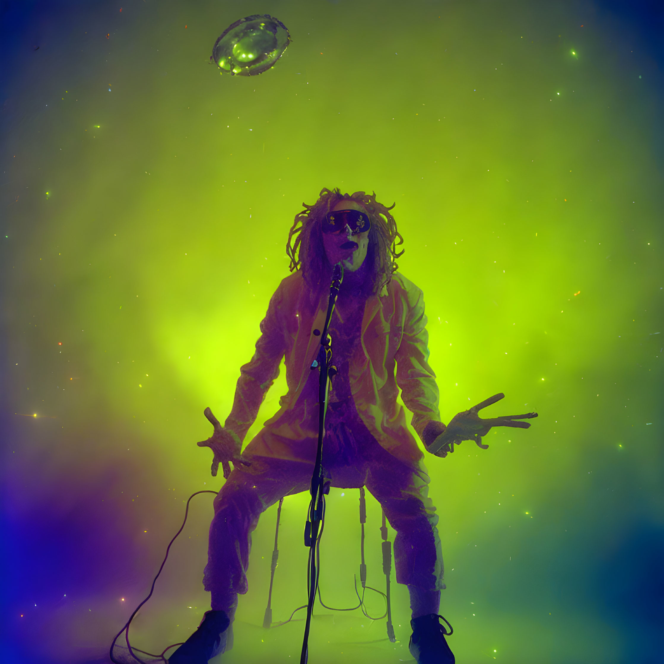 Dynamic performer with wild hair in white outfit under green and purple lighting