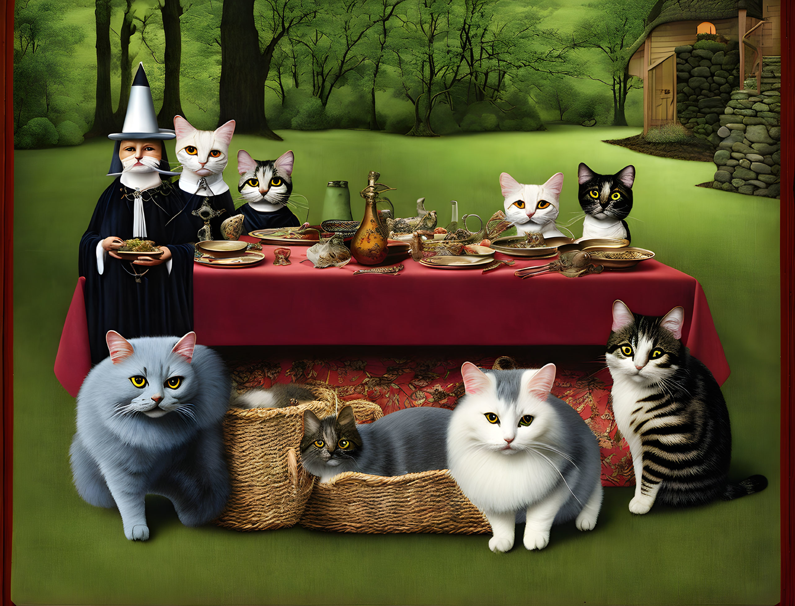 Seven Cats Dining Outdoors with Wizard Cat Serving Potion